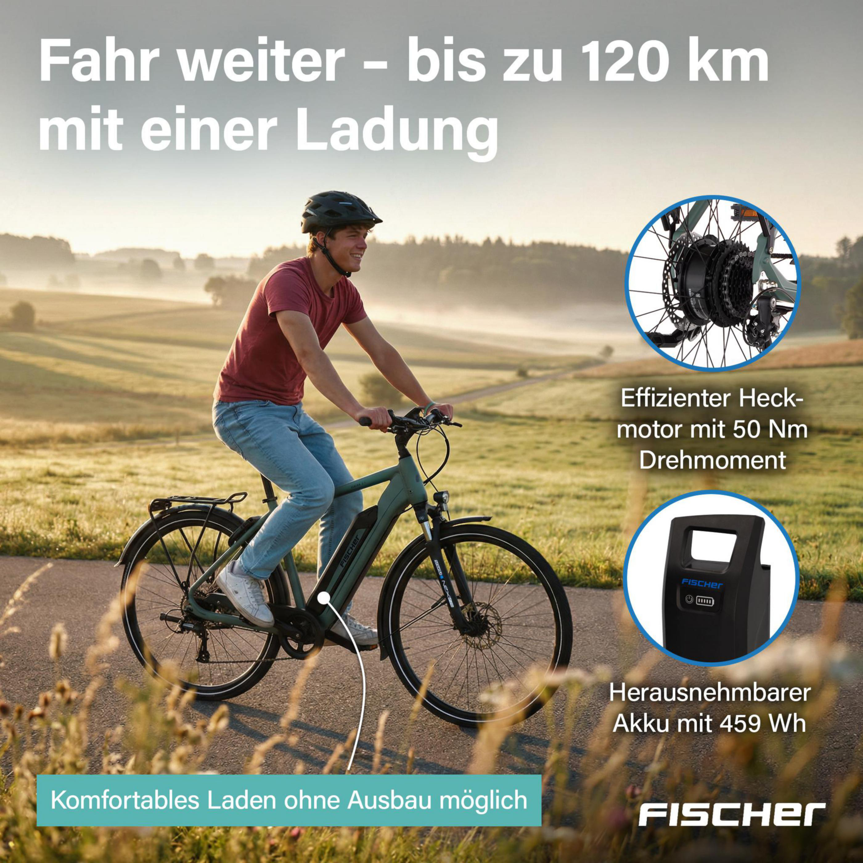 Ein Mann fährt ein grünes E-Bike durch eine neblige Landschaft. Details von Motor und Akku.