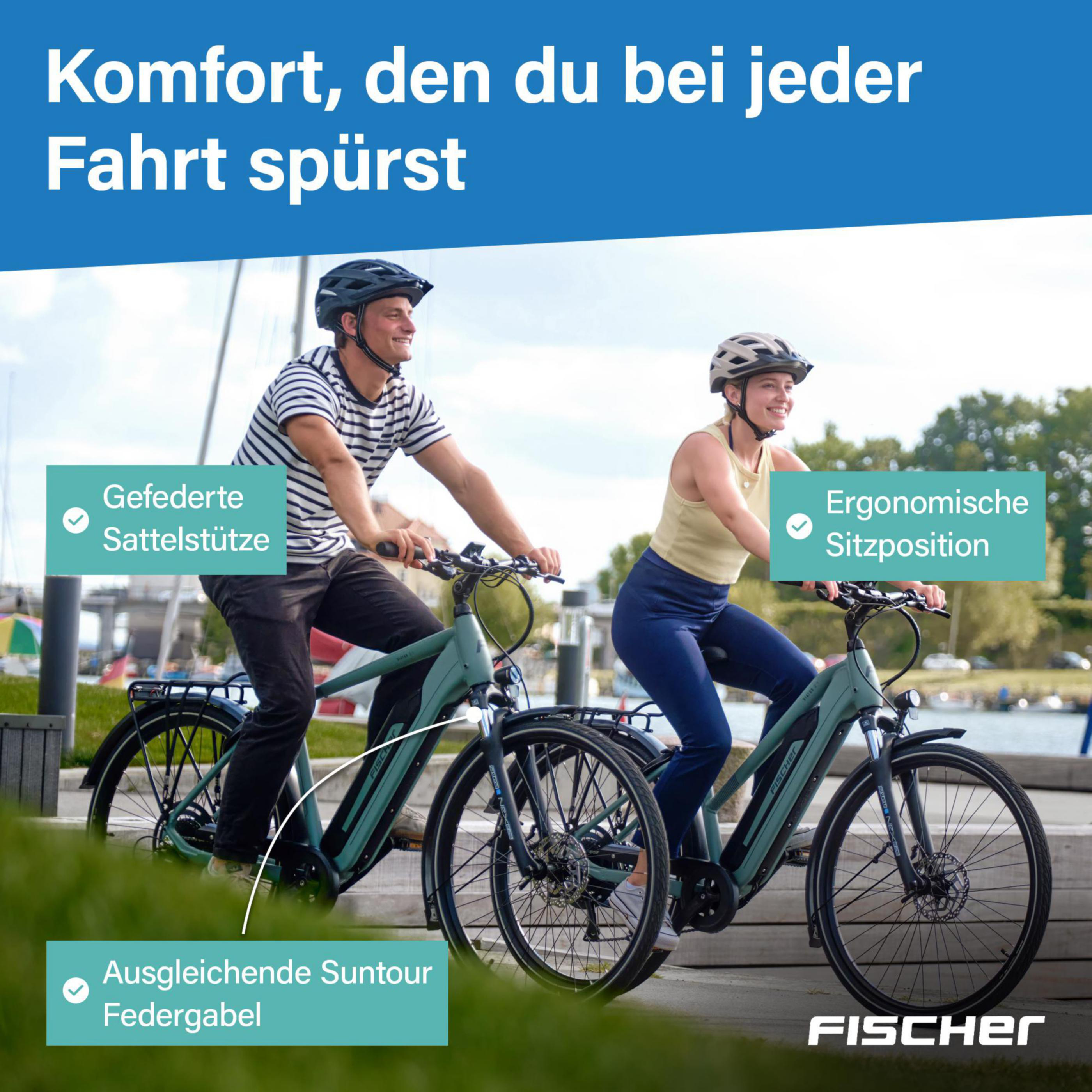 Mann und Frau fahren E-Bikes, mit Text-Overlays zu Komfortmerkmalen.