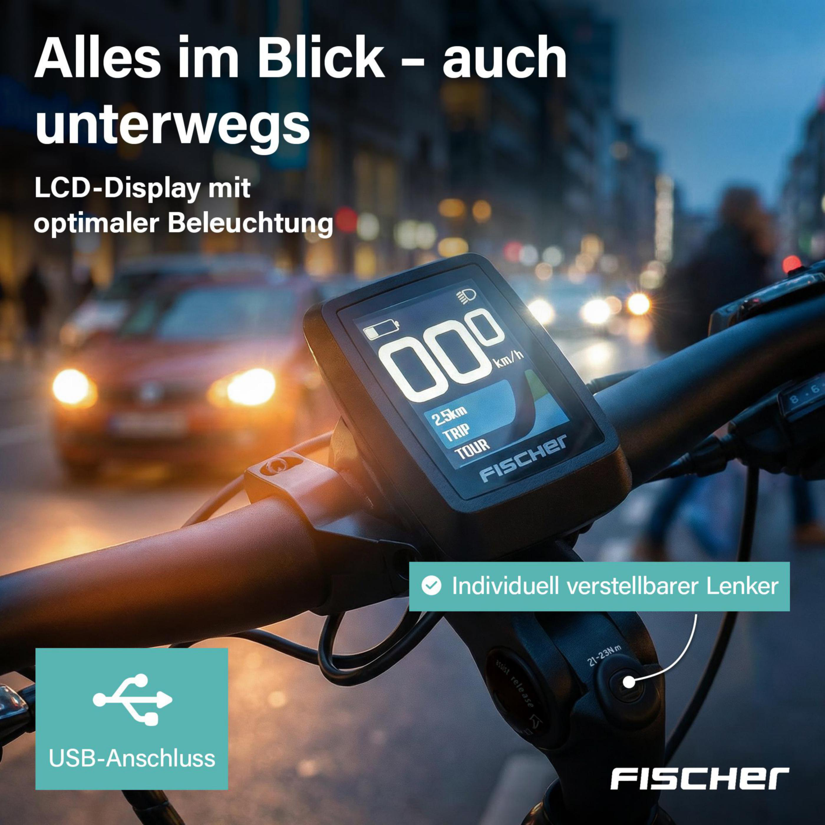 E-Bike Display zeigt Geschwindigkeit, Trip & Tour an. USB-Anschluss.