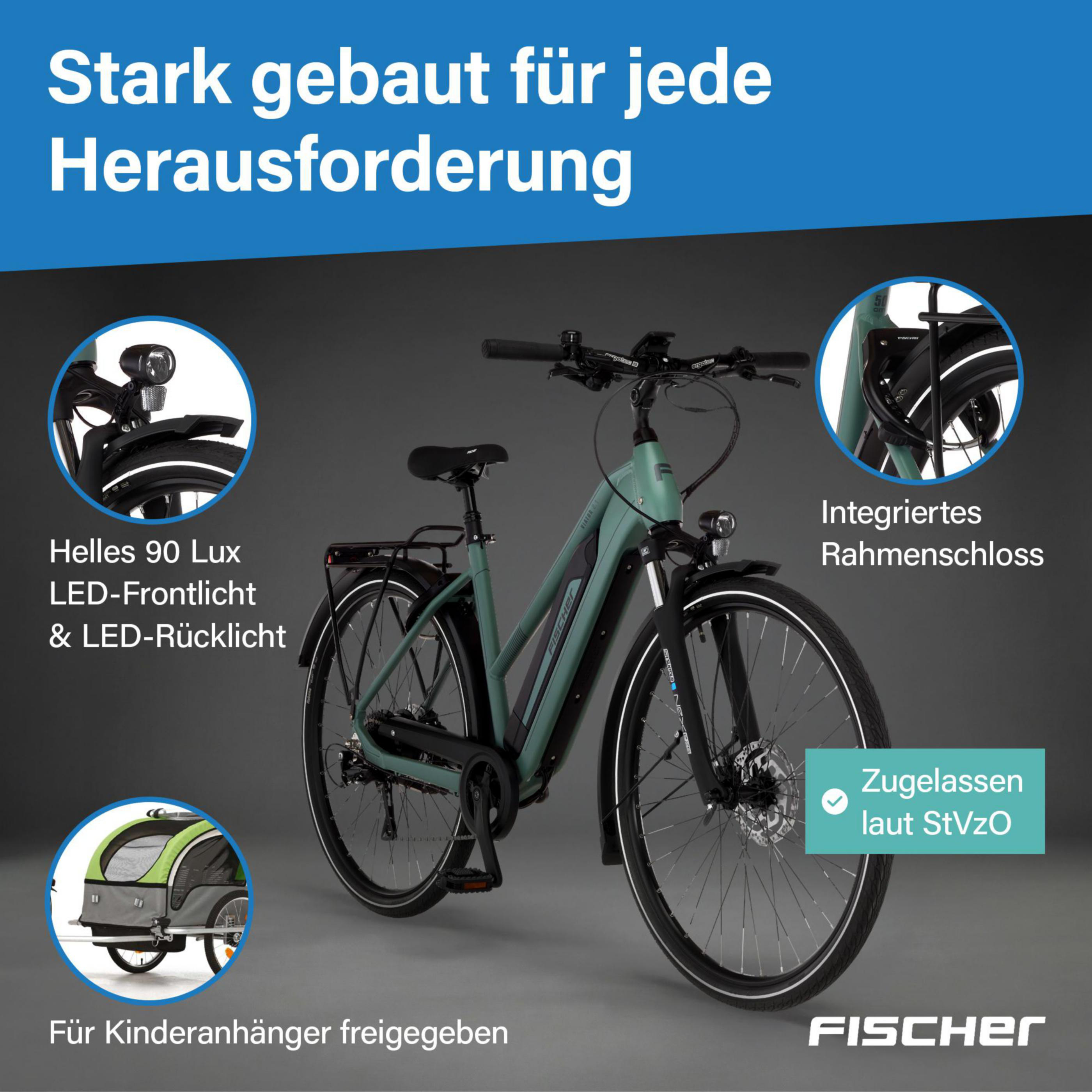 Ein grünes Fischer E-Bike mit Kindersitzanhänger, integriertem Schloss und hellen Lichtern.