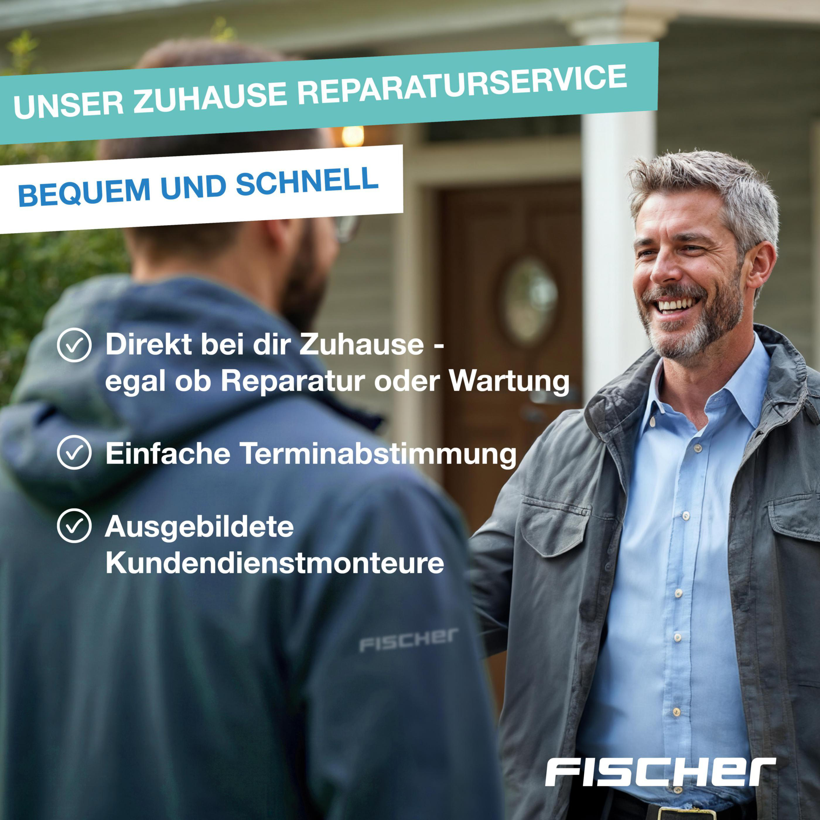 Männer sprechen vor einem Haus. Text über Reparaturservice.