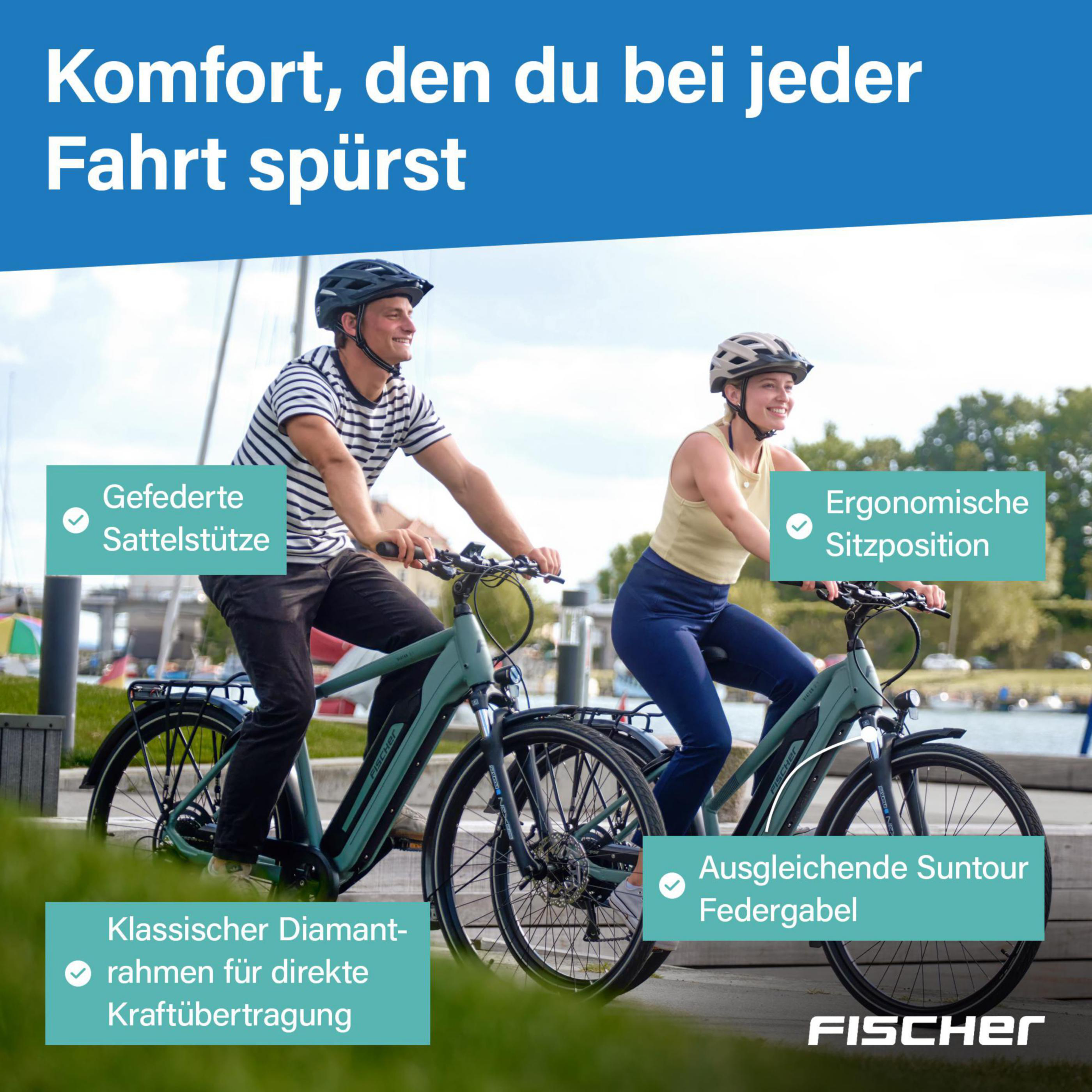 Mann und Frau auf Fahrrädern, mit Textfeldern zu Komfortmerkmalen.
