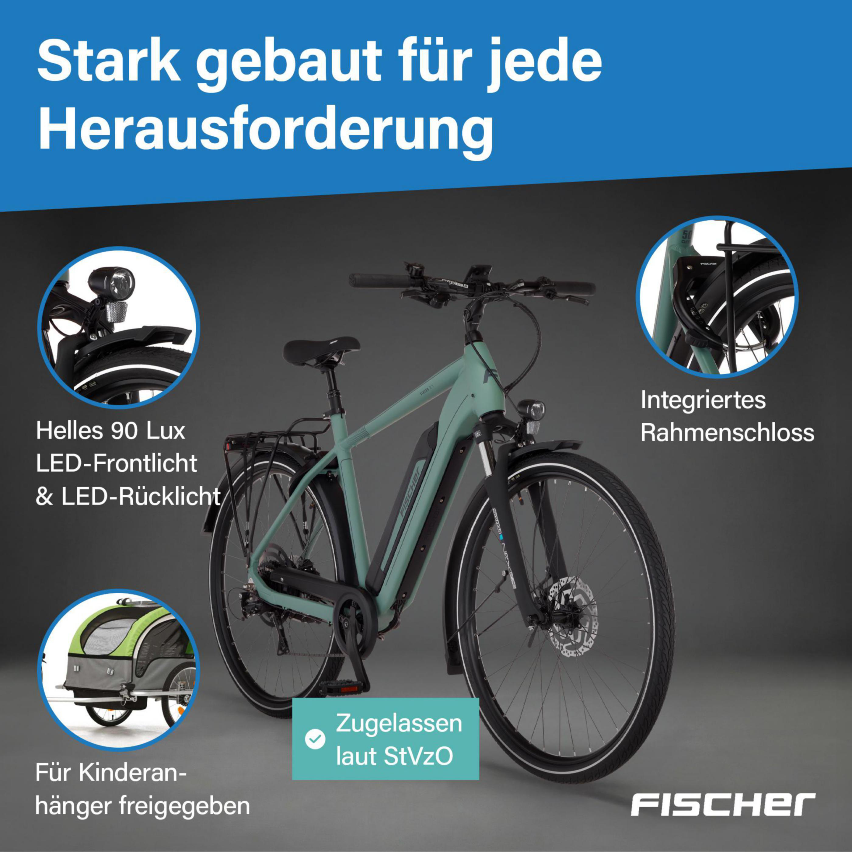 Ein grünes E-Bike mit Anhängeranschluss, integriertem Schloss, hellem LED-Licht.