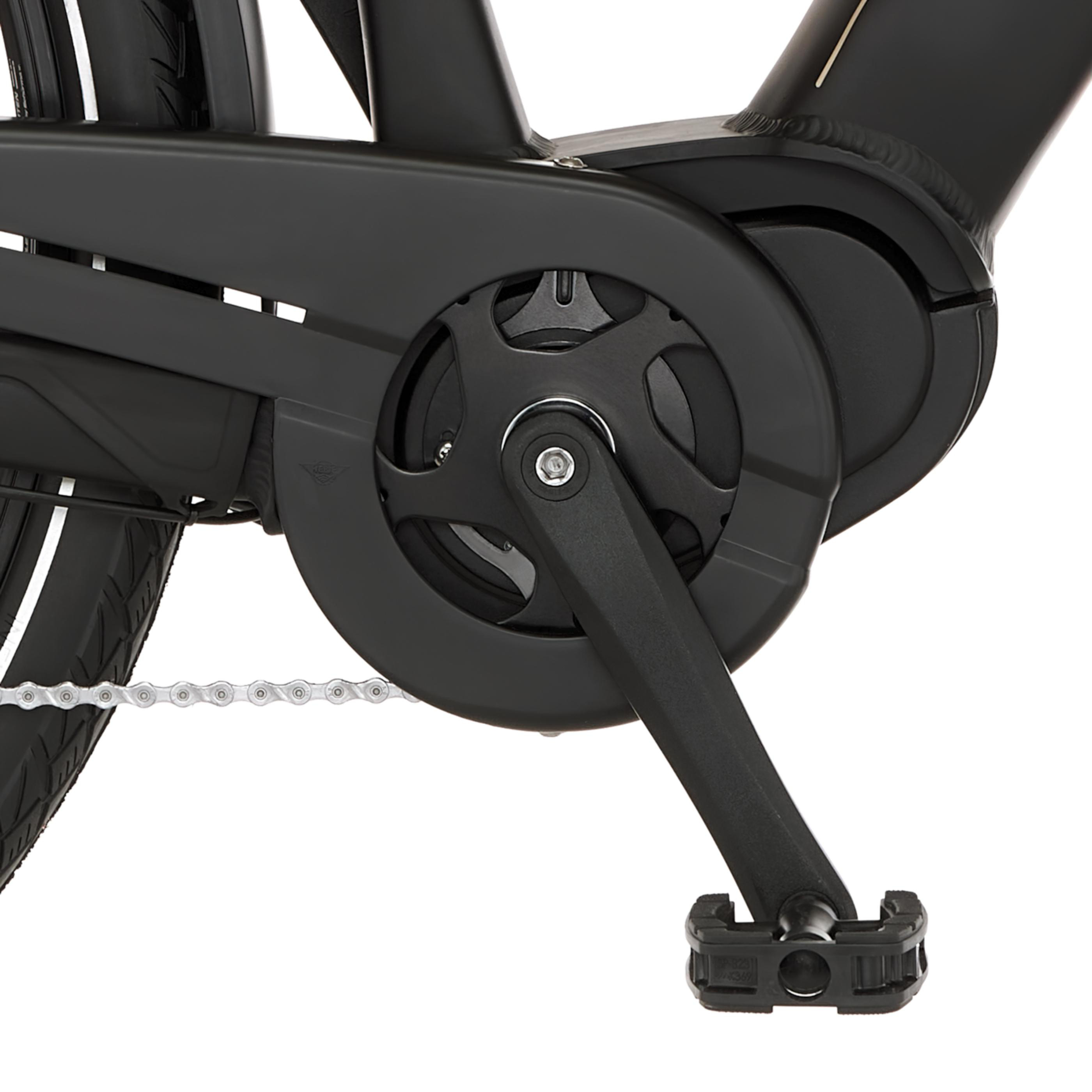 Detailansicht einer schwarzen Fahrradkurbel mit Pedale und Kette.
