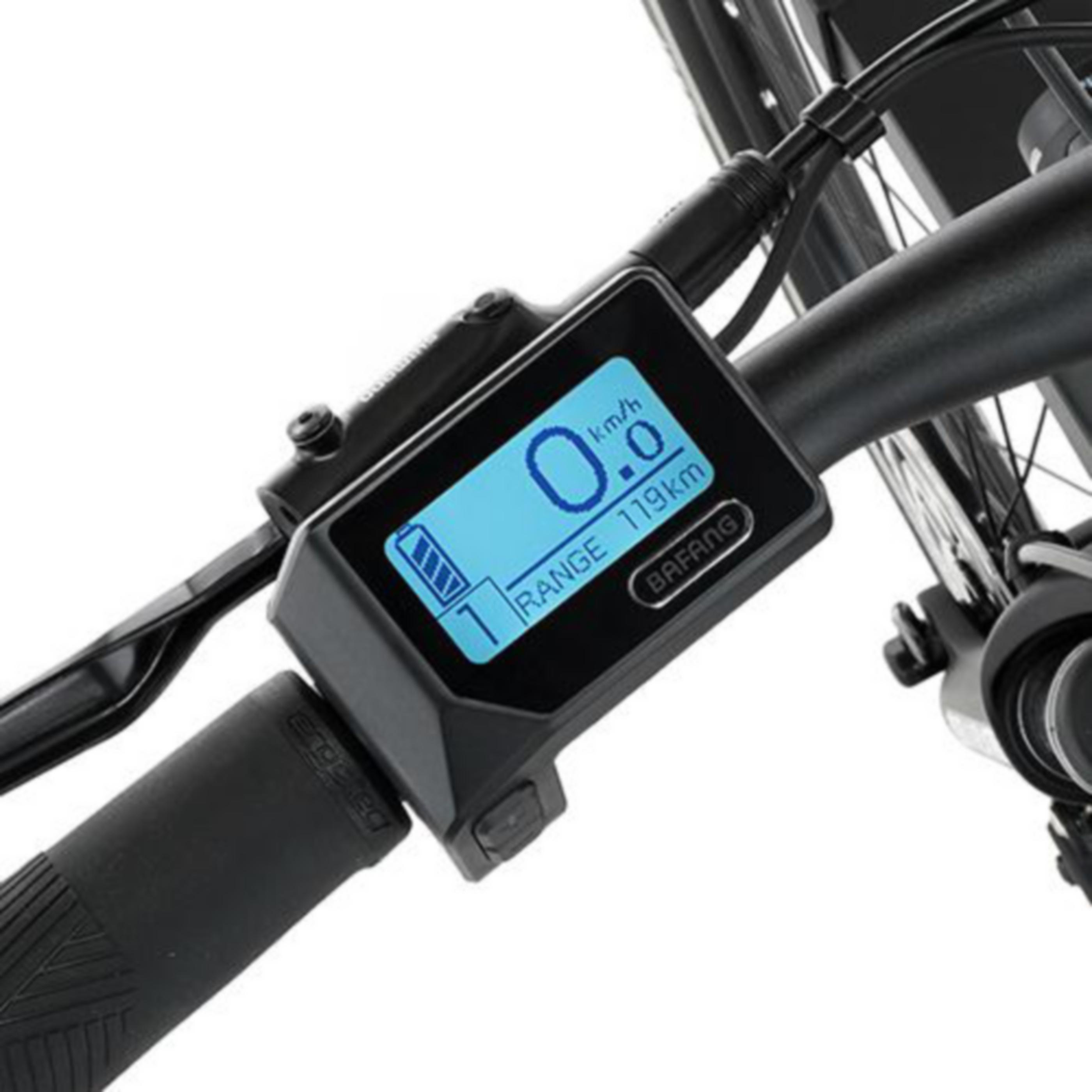 Elektrorad-Display zeigt 0 km/h Geschwindigkeit und 119 km Reichweite.