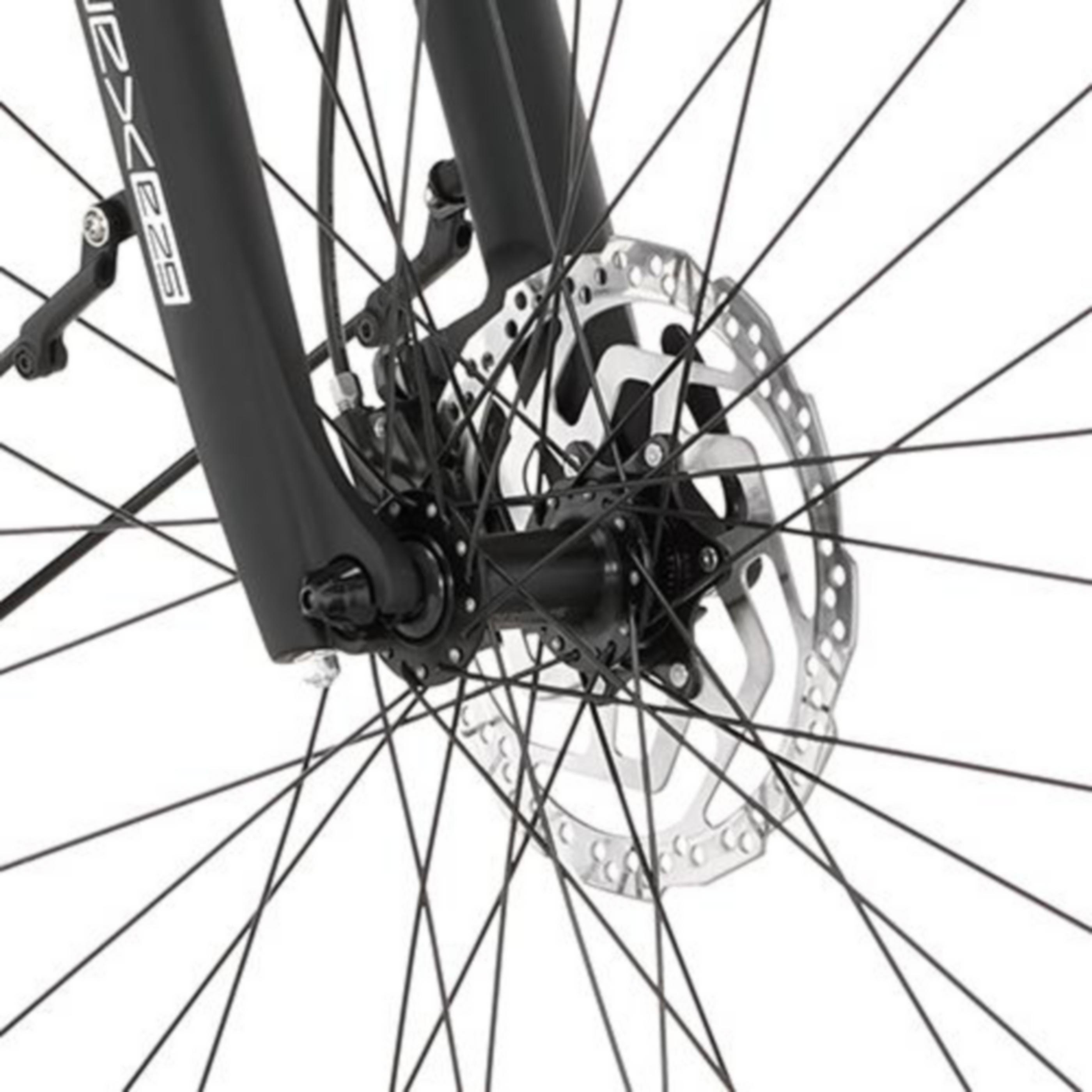 Nahaufnahme des Vorderradbremssystems eines Fahrrads mit Scheibenbremse.