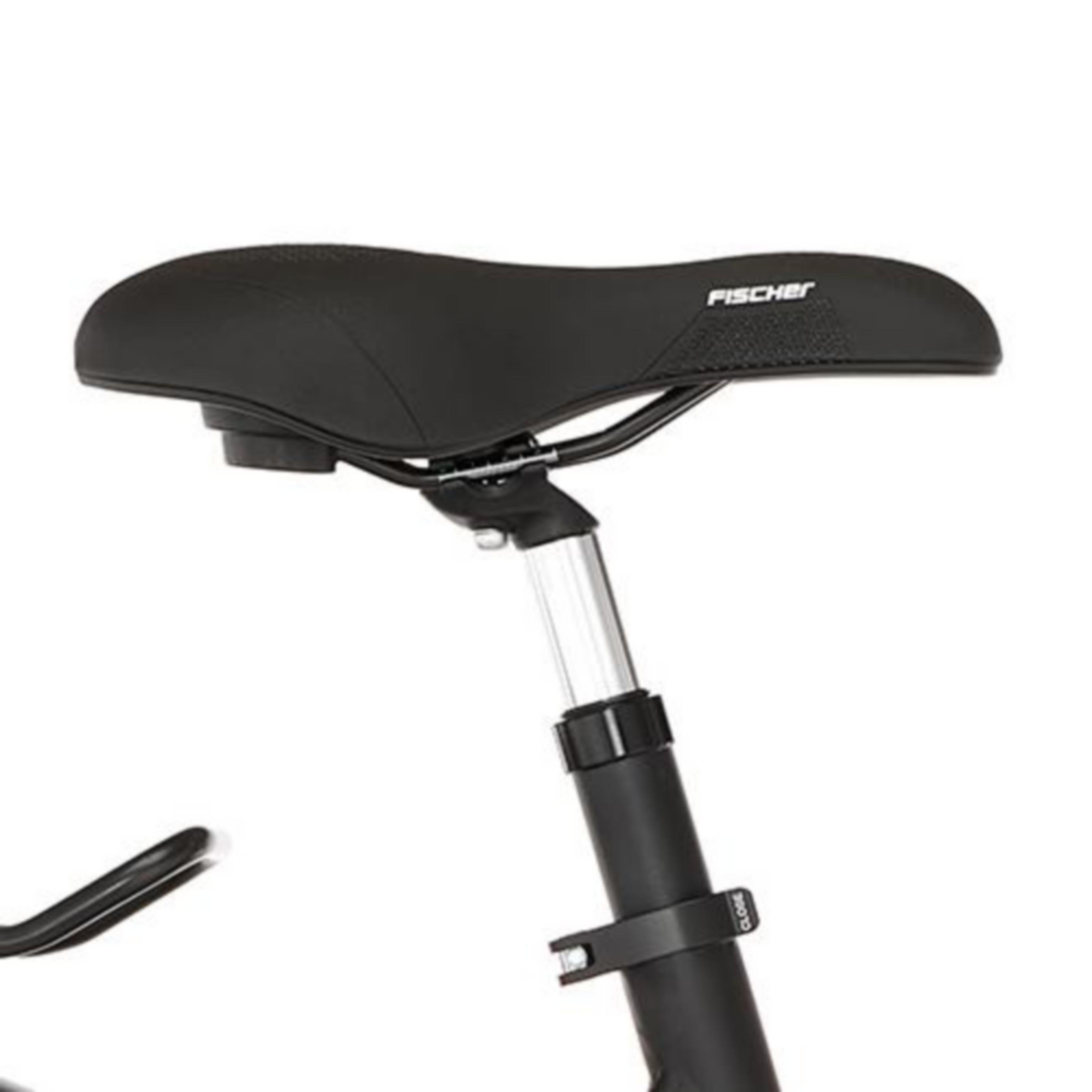 Schwarzer Fahrradsattel mit silbernem Gestell und verstellbarer Stange.