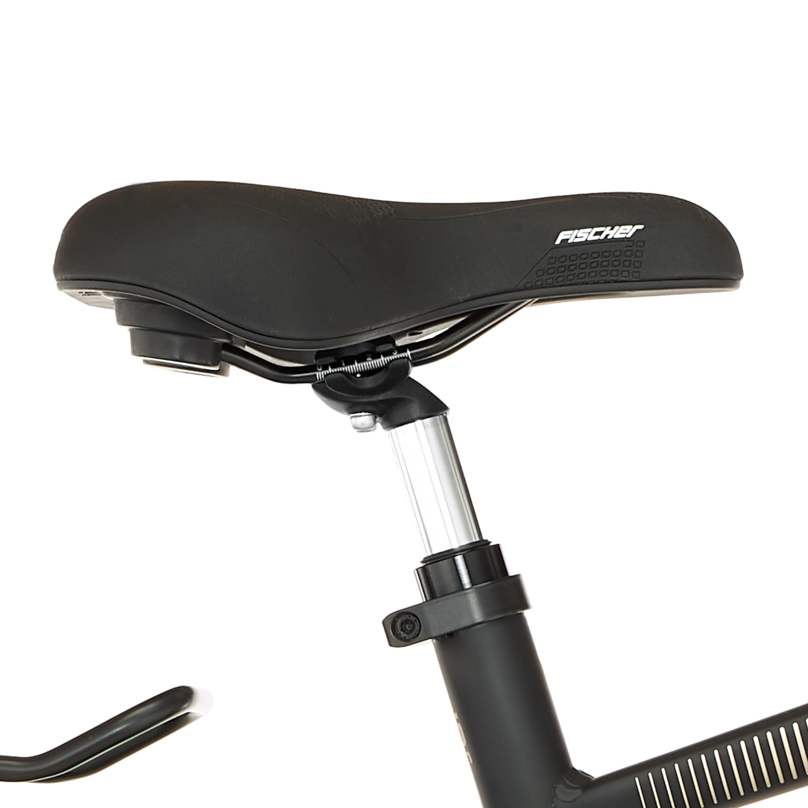 Schwarzer Fahrradsattel mit silbernen Markierungen auf der Sattelstütze.