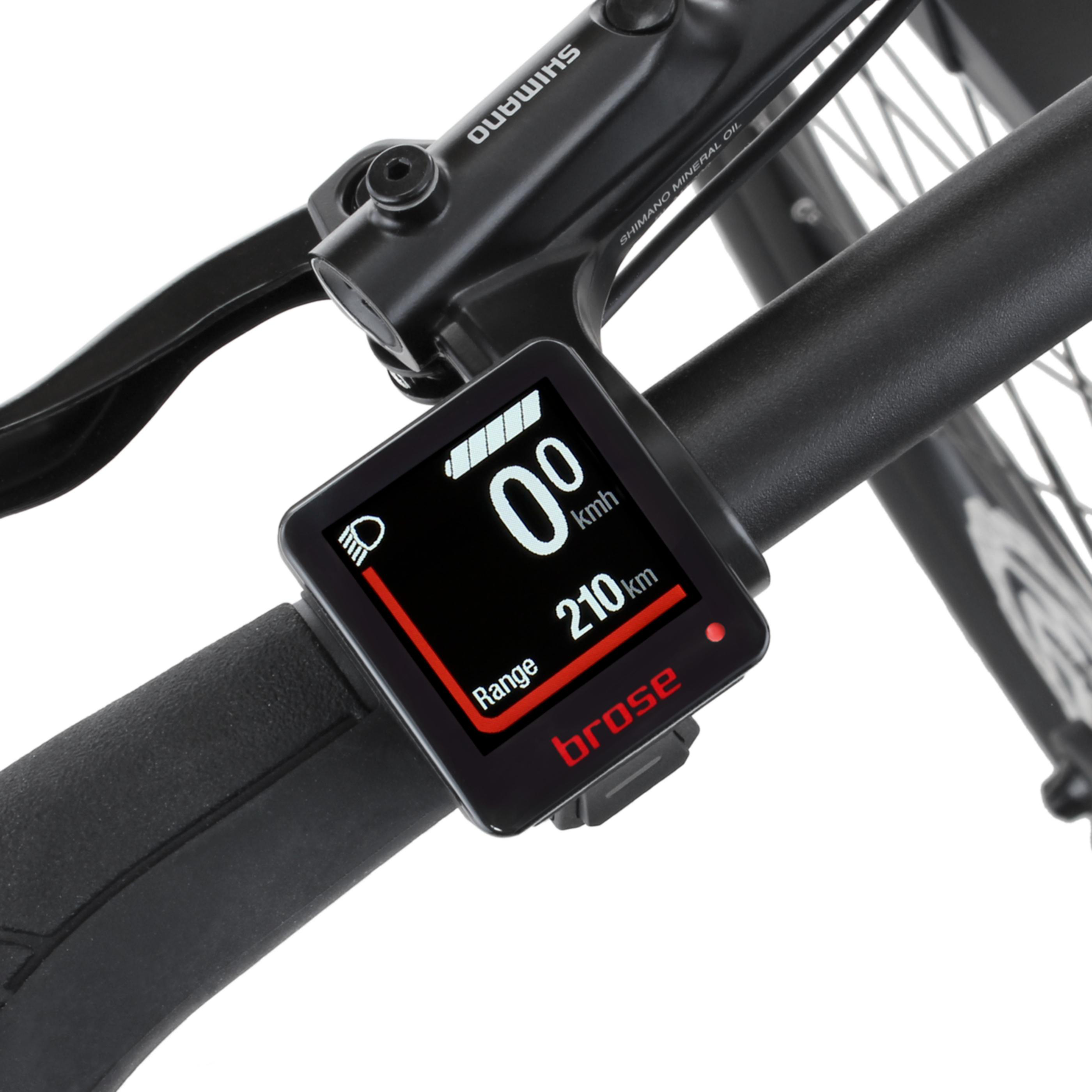 E-Bike Display mit Akkuanzeige, Geschwindigkeit 0 km/h, Reichweite 210 km.