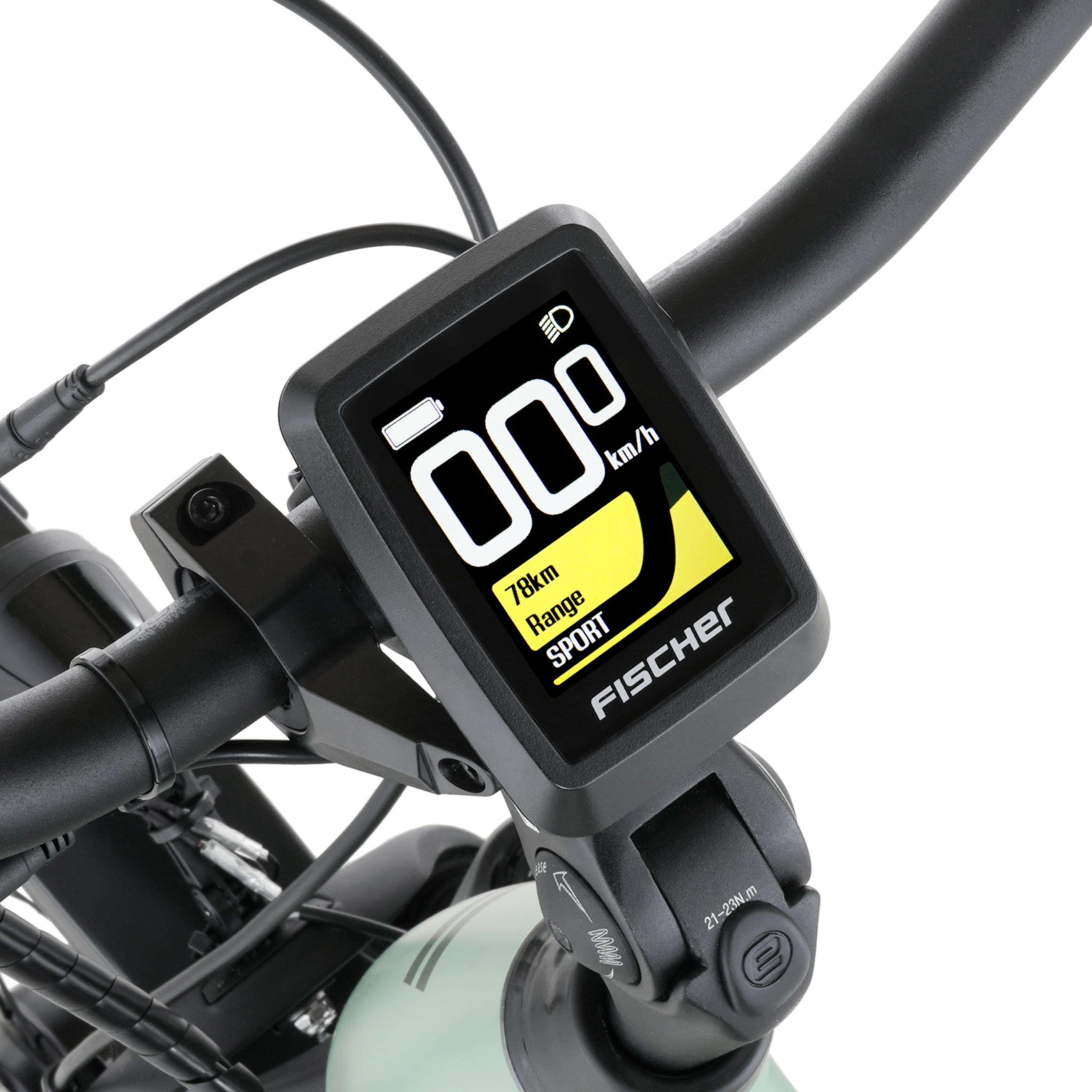 Fahrrad-Display mit Akku, Reichweite, Geschwindigkeit und Lichtsymbol.
