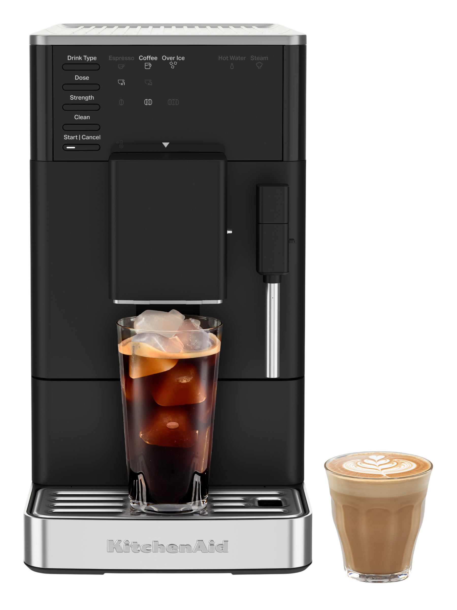 Schwarze Kaffeemaschine mit Glas Eiskaffee und Latte Macchiato.