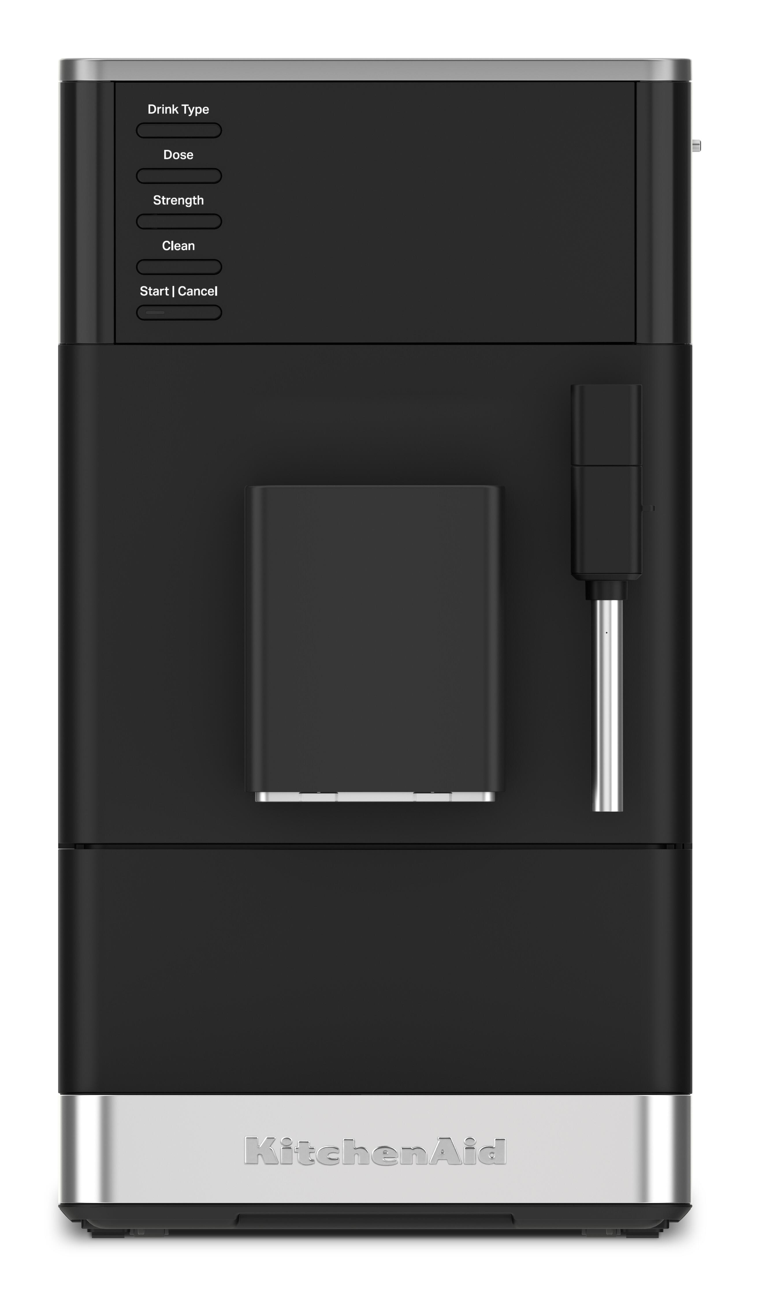 Schwarze Kaffeemaschine mit silbernem KitchenAid-Logo unten.