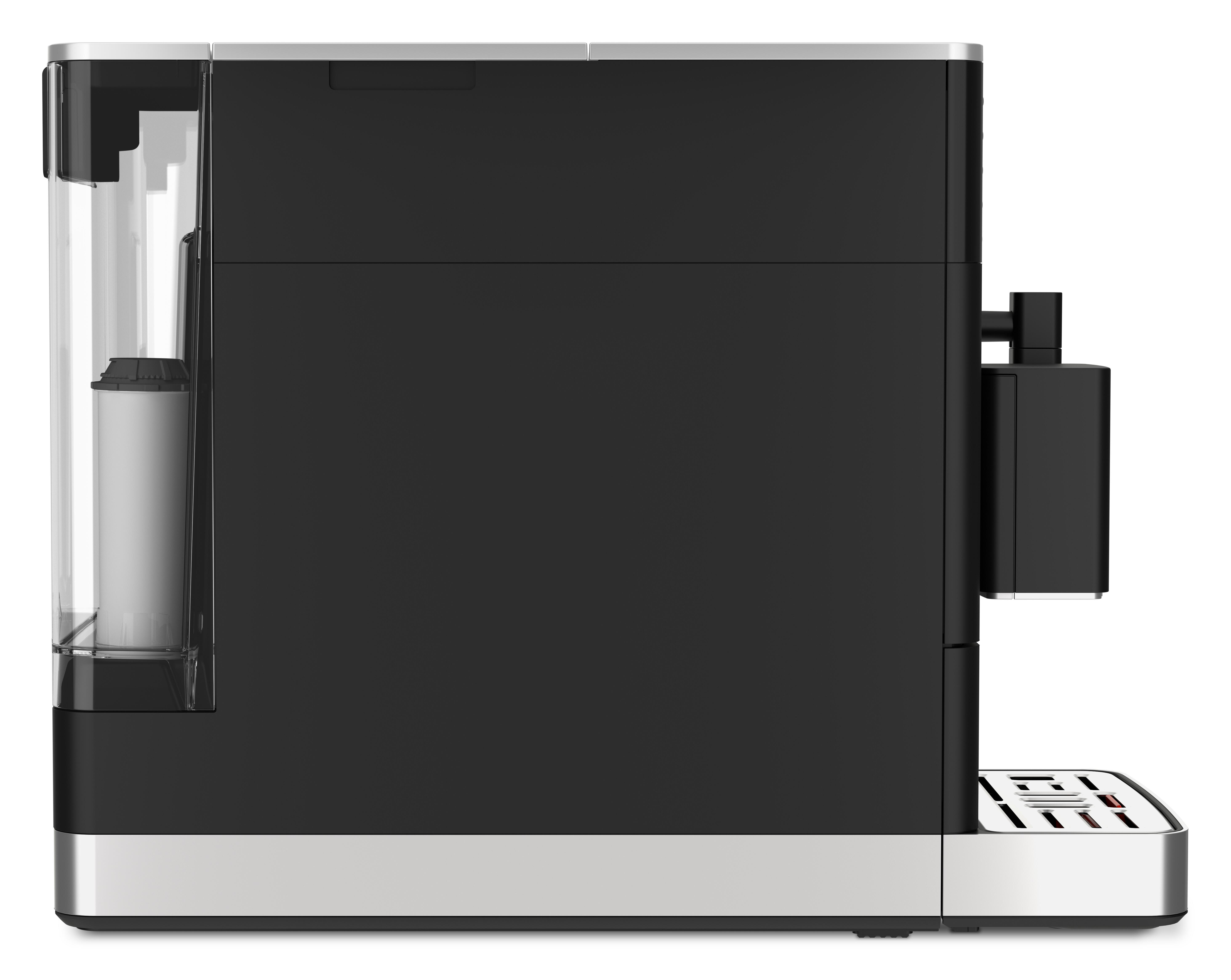 Schwarze Kaffeemaschine mit silbernen Akzenten, Seitenansicht.