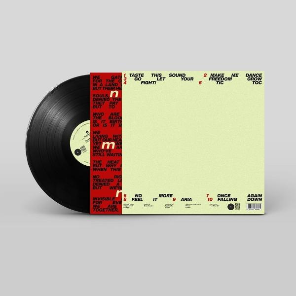 Schwarze Schallplatte mit Trackliste auf hellgrünem Cover. Grauer Hintergrund.