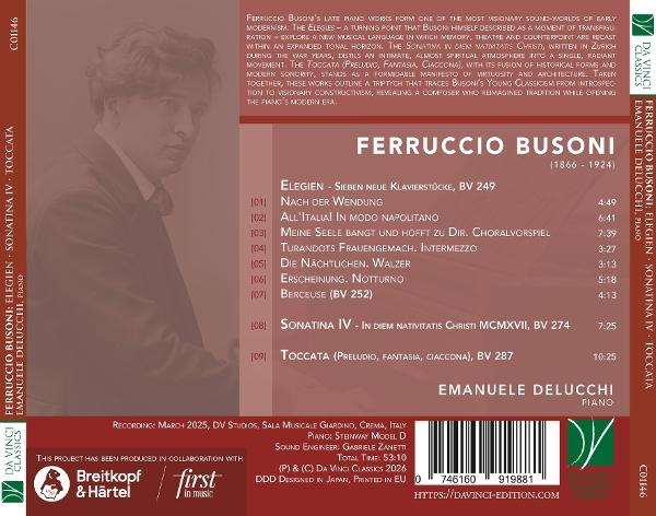 Albumcover mit Porträt von Ferruccio Busoni, Werkliste und Pianist Emanuele Delucchi.