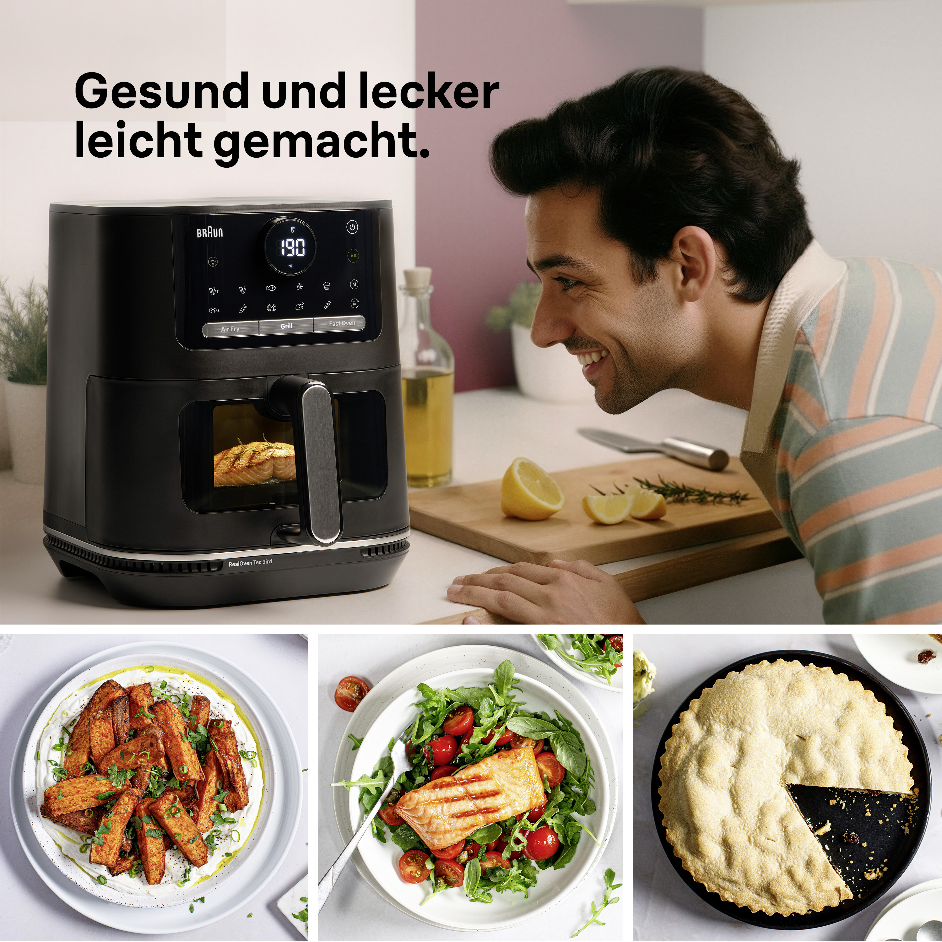 Ein Mann schaut auf einen Airfryer, daneben Essen: Süßkartoffel-Pommes, Lachs-Salat, Kuchen.
