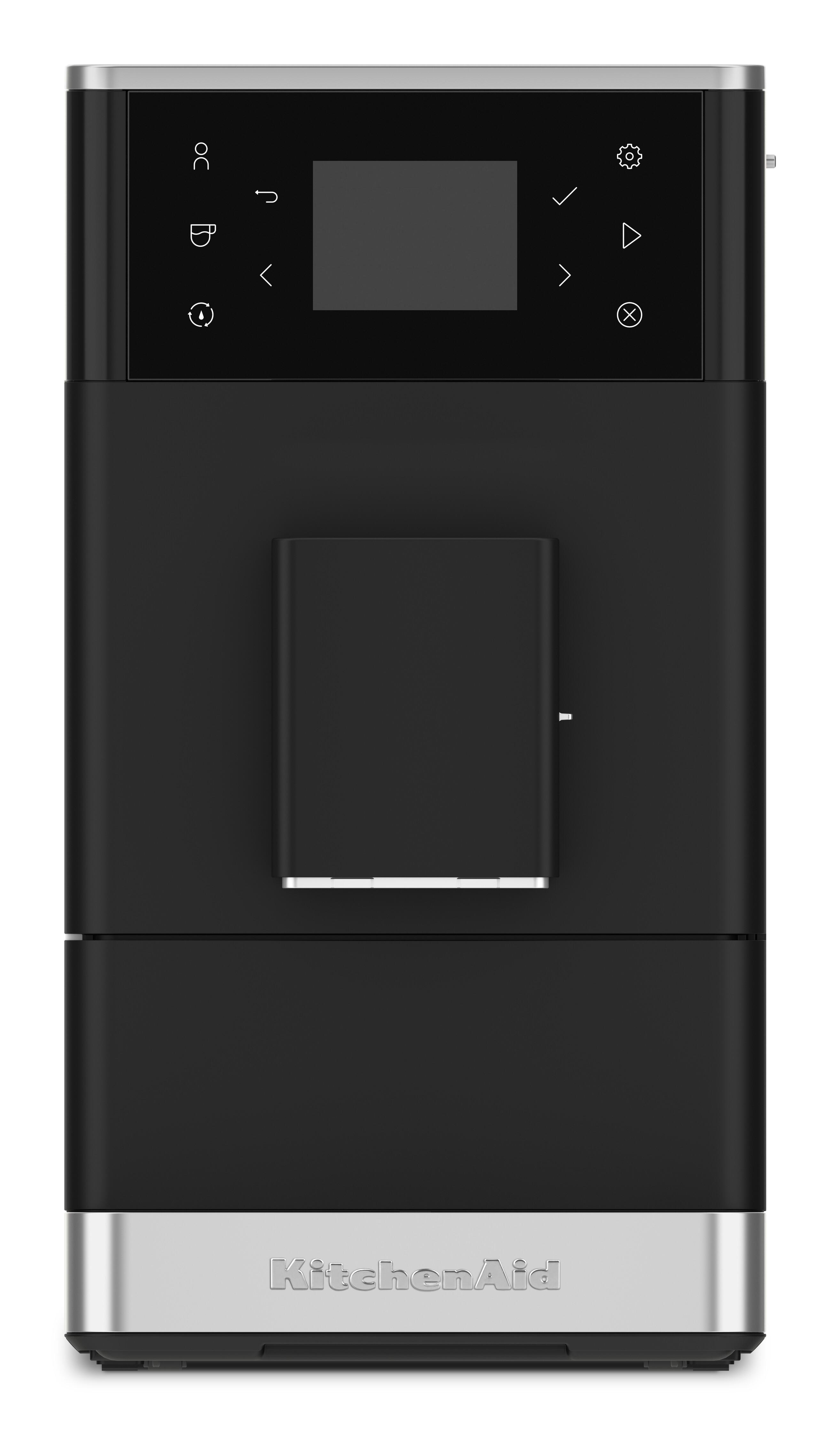 Schwarze Kaffeemaschine mit Touchscreen und silbernem Boden mit KitchenAid-Logo.