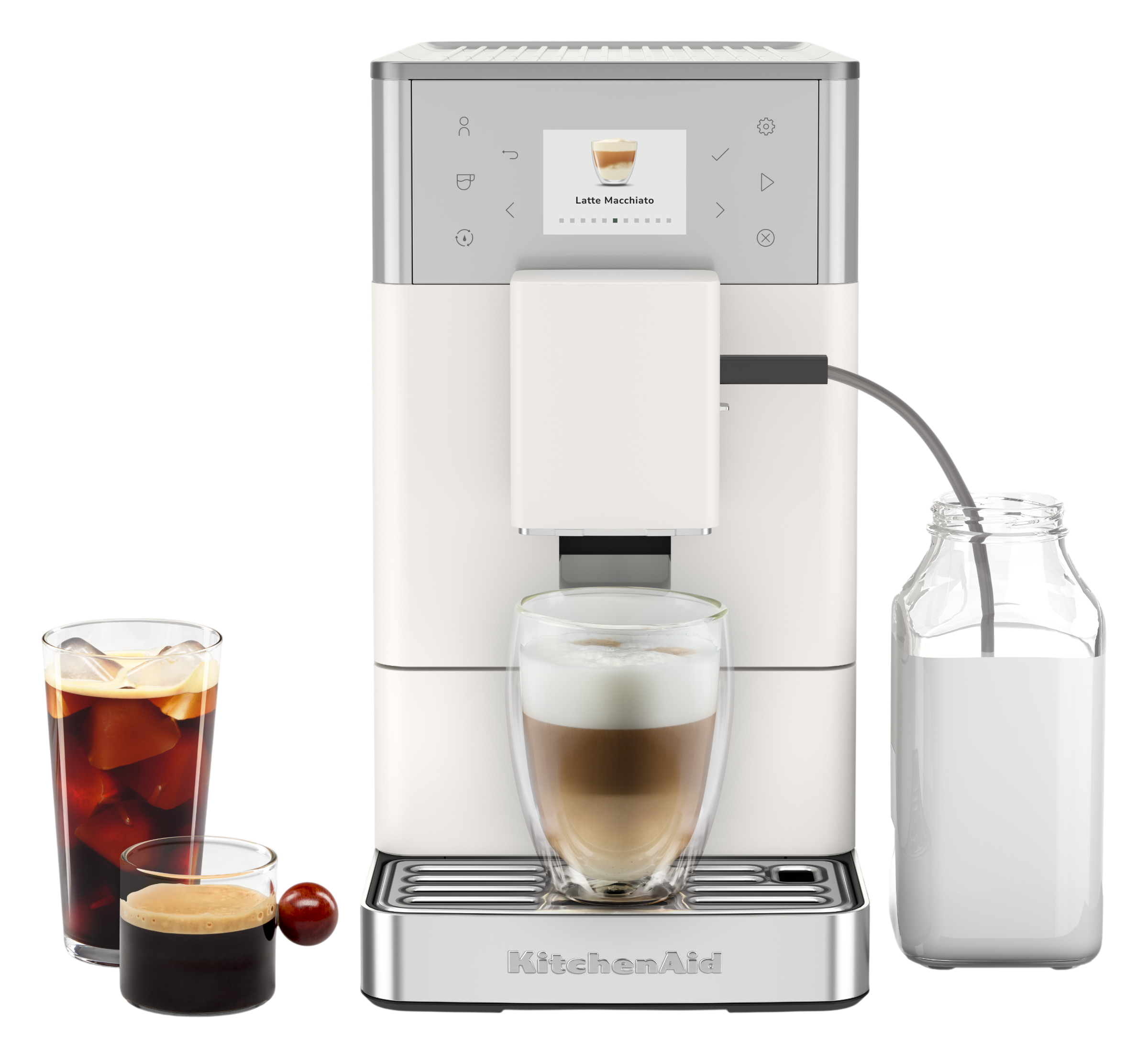 Weiße Kaffeemaschine mit Milchkaraffe, Espresso und Latte Macchiato.