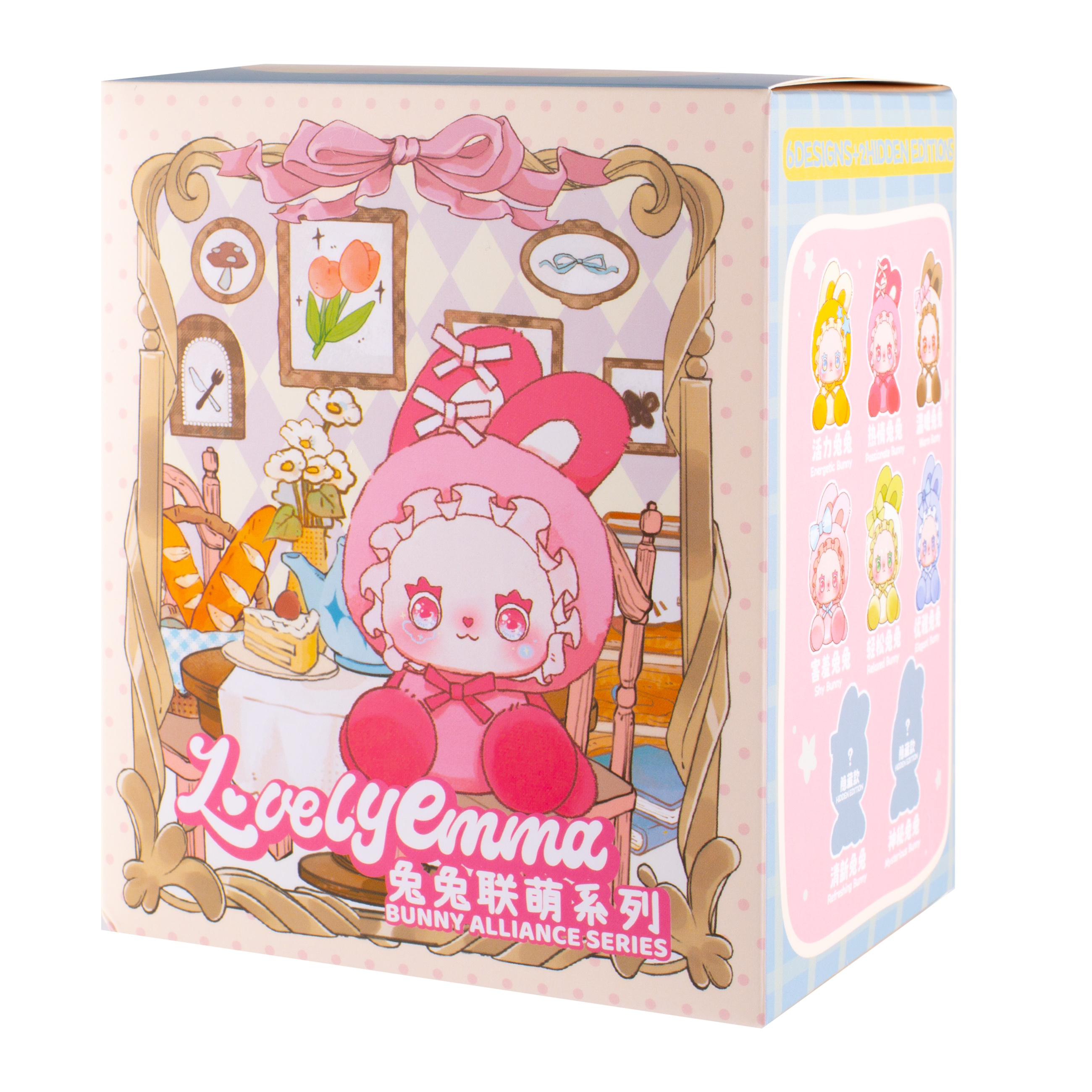 Verpackung mit rosa Häschen-Thema und Illustrationen von süßen Hasen und Snacks.
