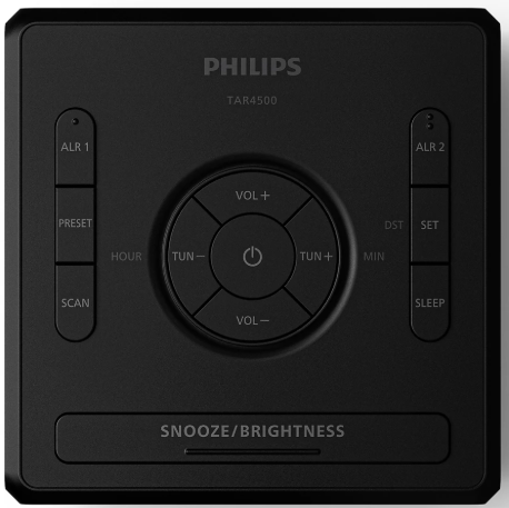 Schwarzer Philips Radiowecker TAR4500 mit zentralen Bedienelementen.