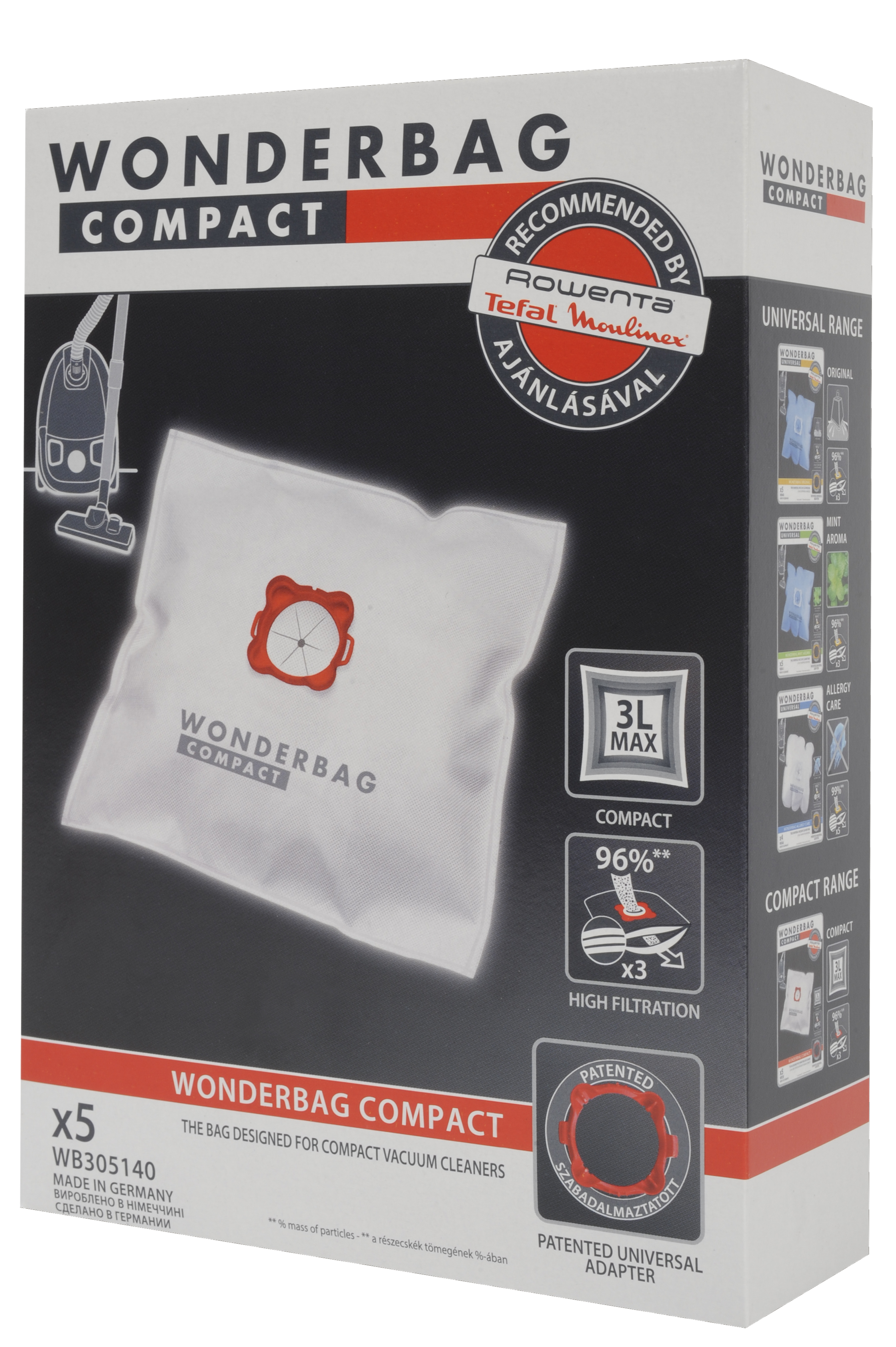 5 db Wonderbag Compact porszívózsák doboza, 3L, 96% szűrés, Made in Germany.