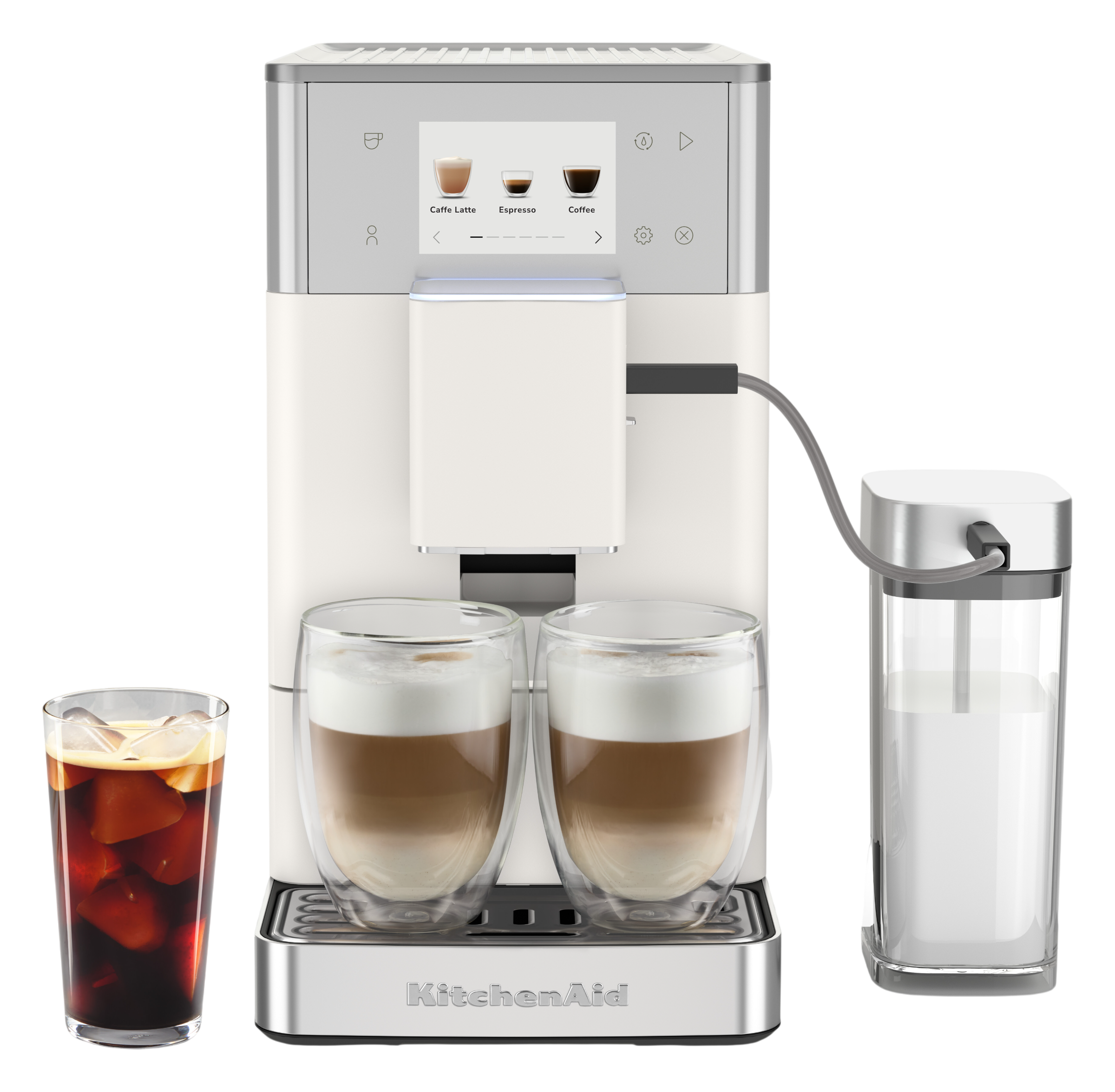 Eine weiße Kaffeemaschine mit Milchbehälter und zwei Glasbechern, gefüllt mit Kaffee und Latte Macchiato.