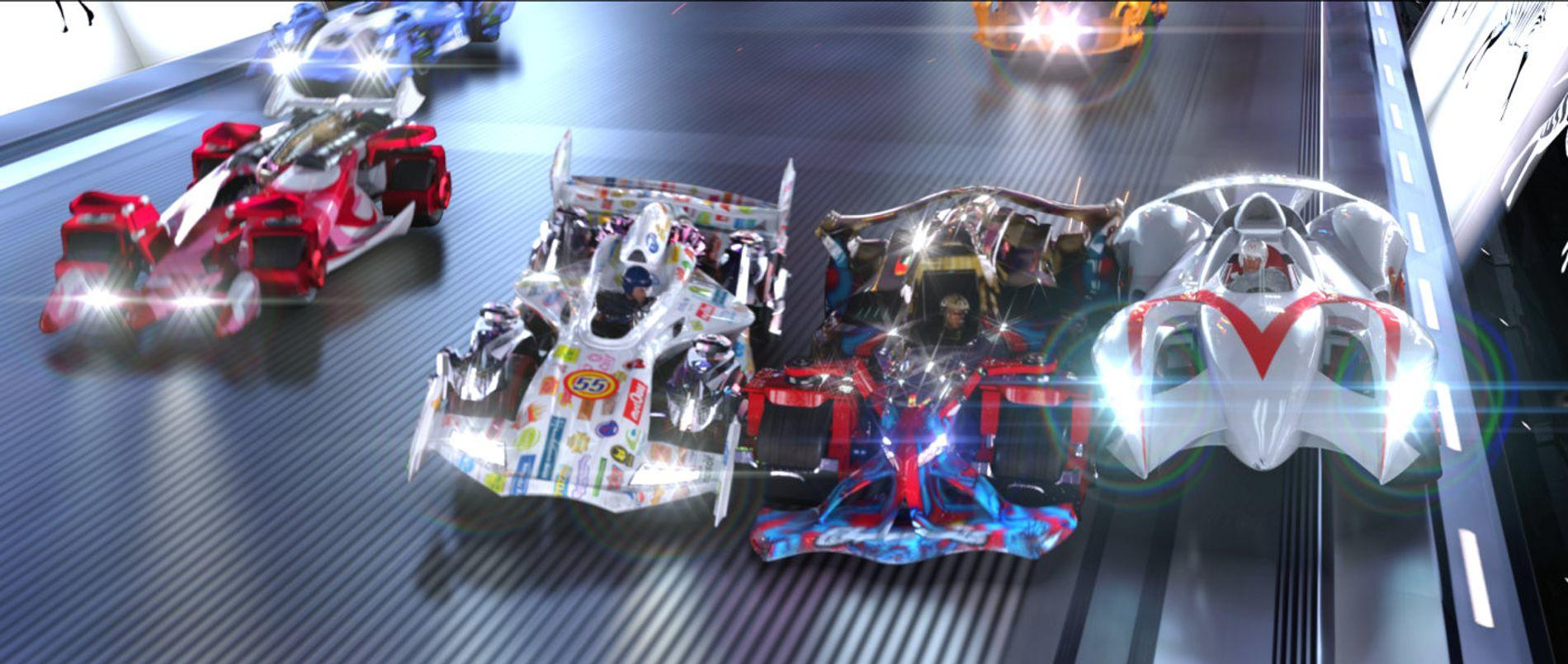 Fünf futuristische Rennwagen rasen auf einer dunklen Strecke nebeneinander.