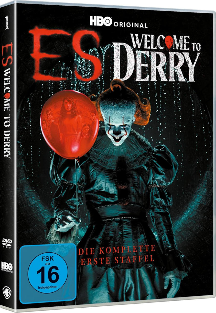 Pennywise hält einen roten Ballon mit Kindergesichtern, DVD-Cover für "Welcome to Derry".