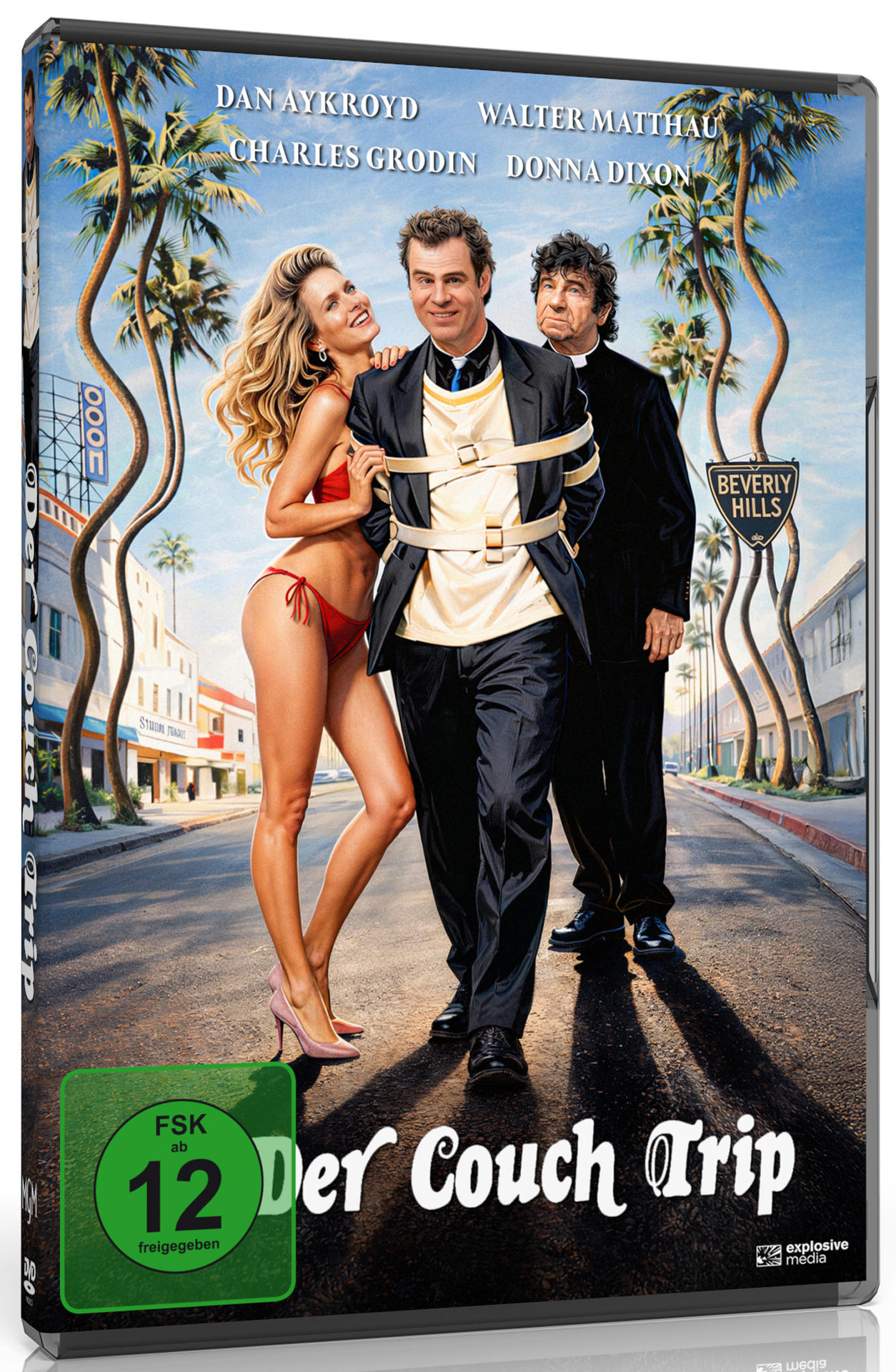 Poster: Mann in Zwangsjacke, Frau im Bikini, Priester. Beverly Hills Kulisse.