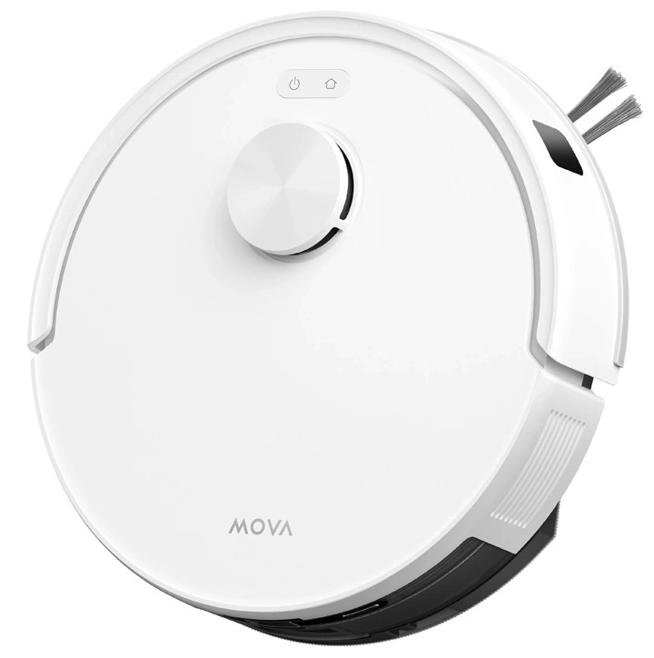 Biały robot sprzątający z srebrnym pokrętłem i dwoma szczotkami.