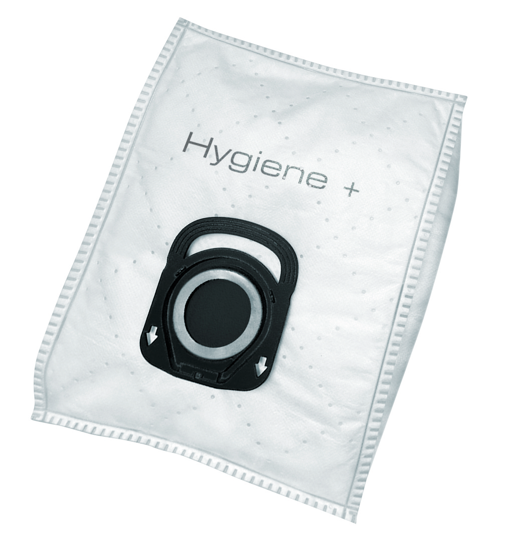 Fehér porszívózsák fekete tartóval és 'Hygiene+' felirattal.