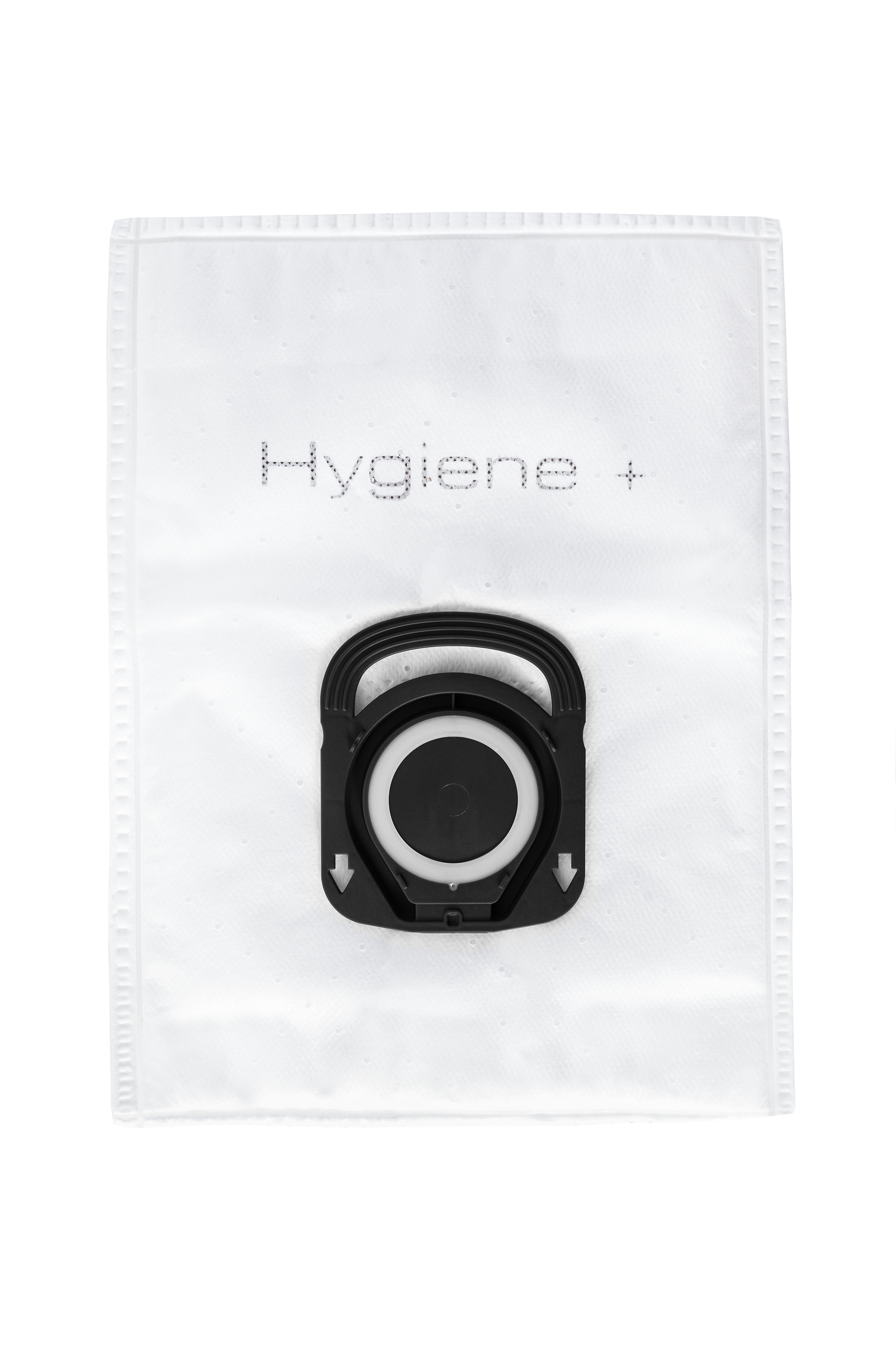Fehér porszívózsák fekete csatlakozóval és "Hygiene +" felirattal.