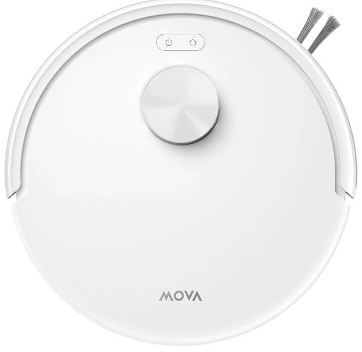 Biały, okrągły robot sprzątający ze srebrnym pokrętłem i dwiema szczotkami.