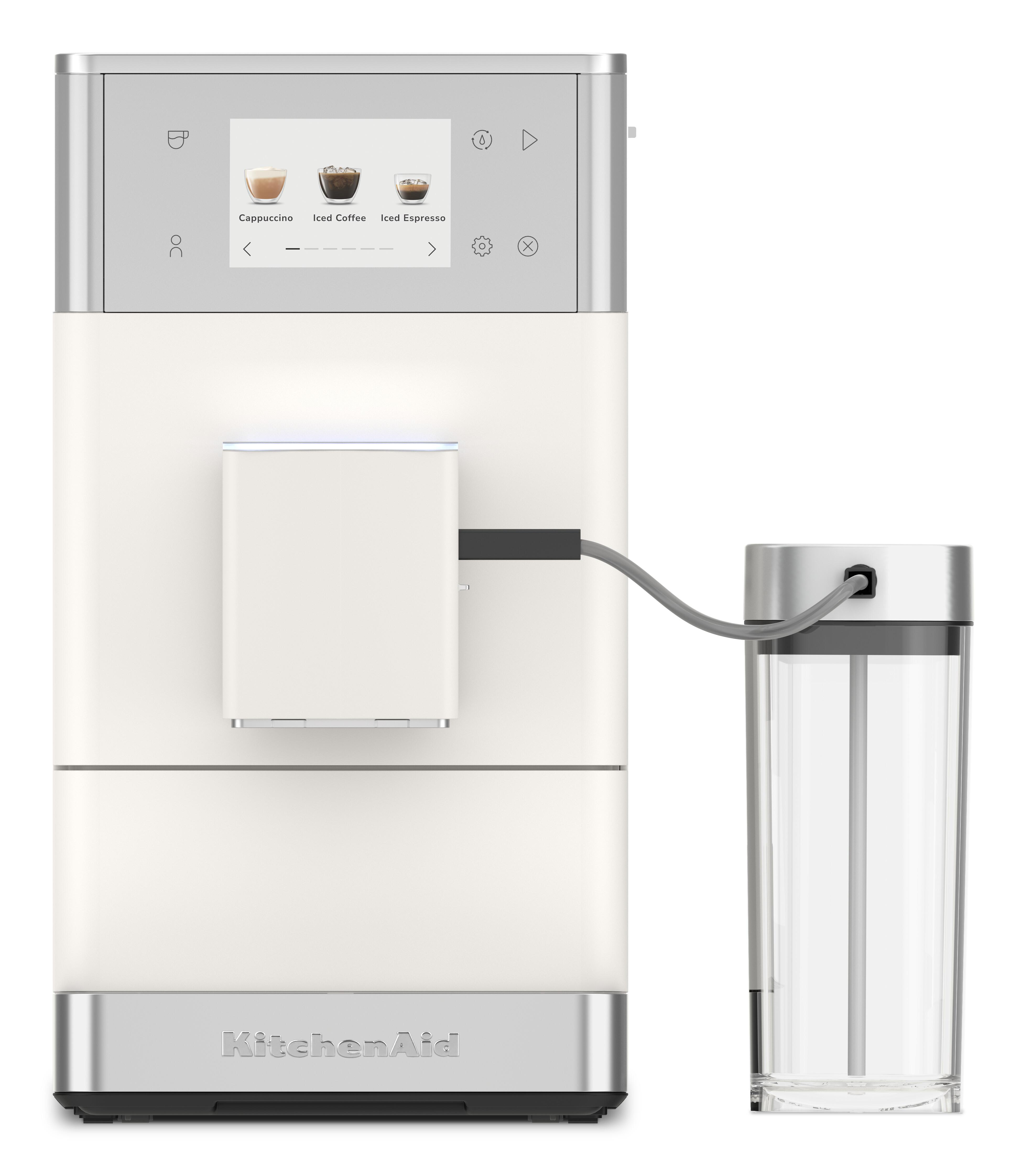 Weiße KitchenAid Kaffeemaschine mit Touchscreen, der Kaffeeoptionen anzeigt.