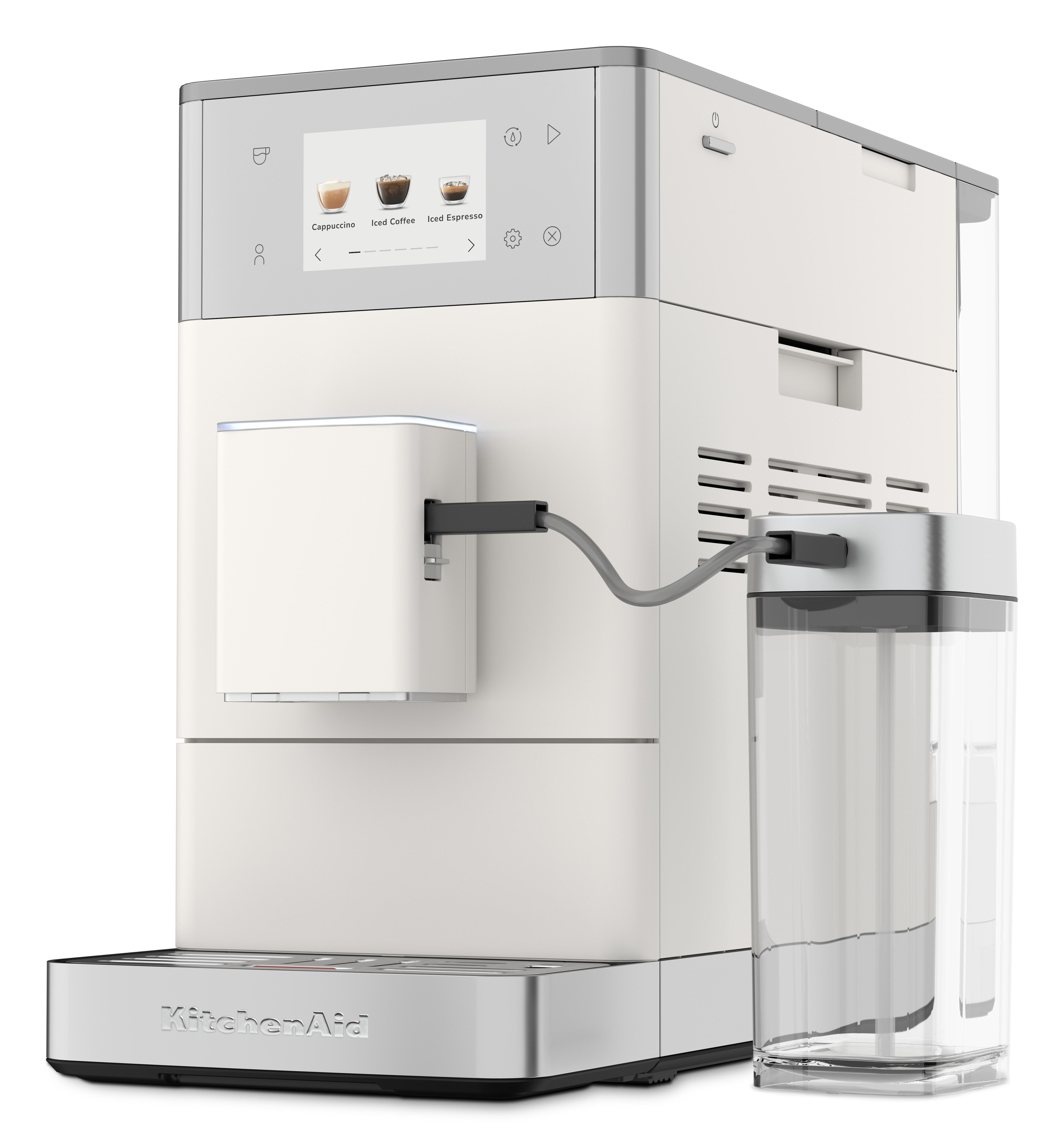Weiße Kaffeemaschine mit Touchscreen, Milchbehälter und KitchenAid-Logo.
