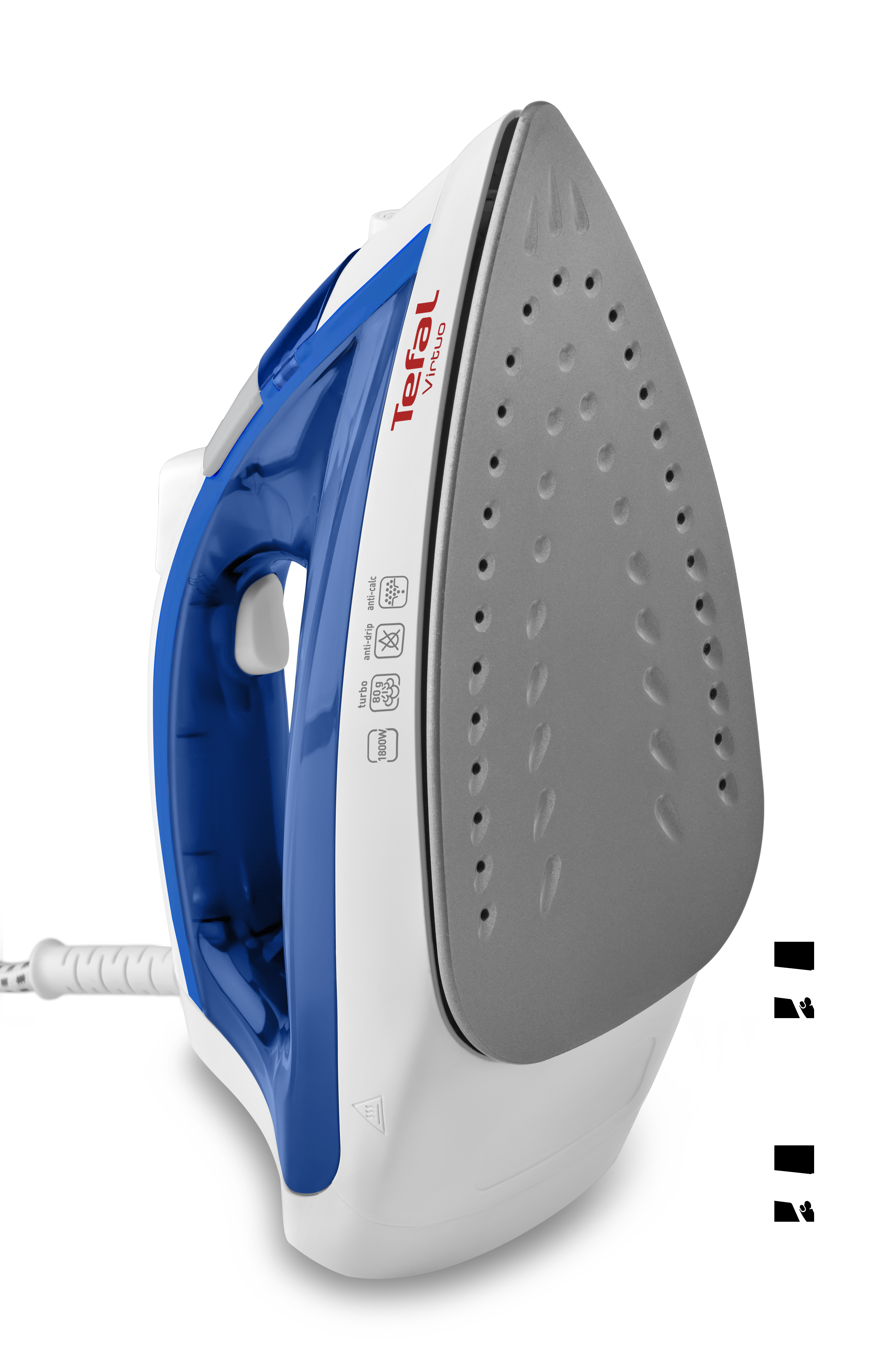 Egy kék és fehér Tefal Virtuo gőzölős vasaló szürke vasalótalppal.