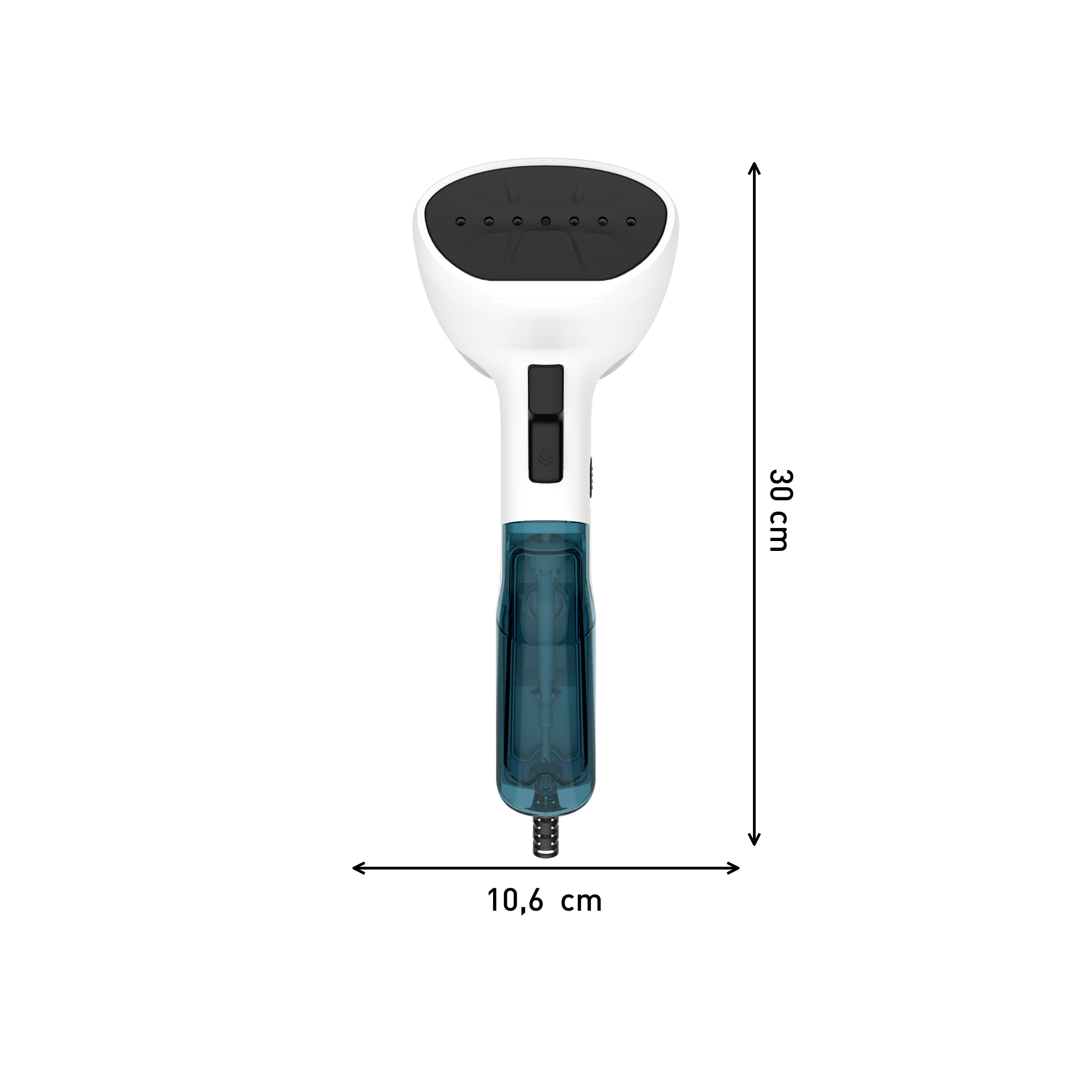 Egy fehér ruhagőzölő kék víztartállyal, 30 cm magas és 10,6 cm széles.