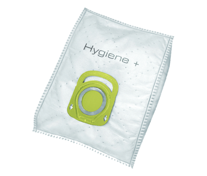 Egy fehér porszívózsák "Hygiene+" felirattal és zöld zárókával.
