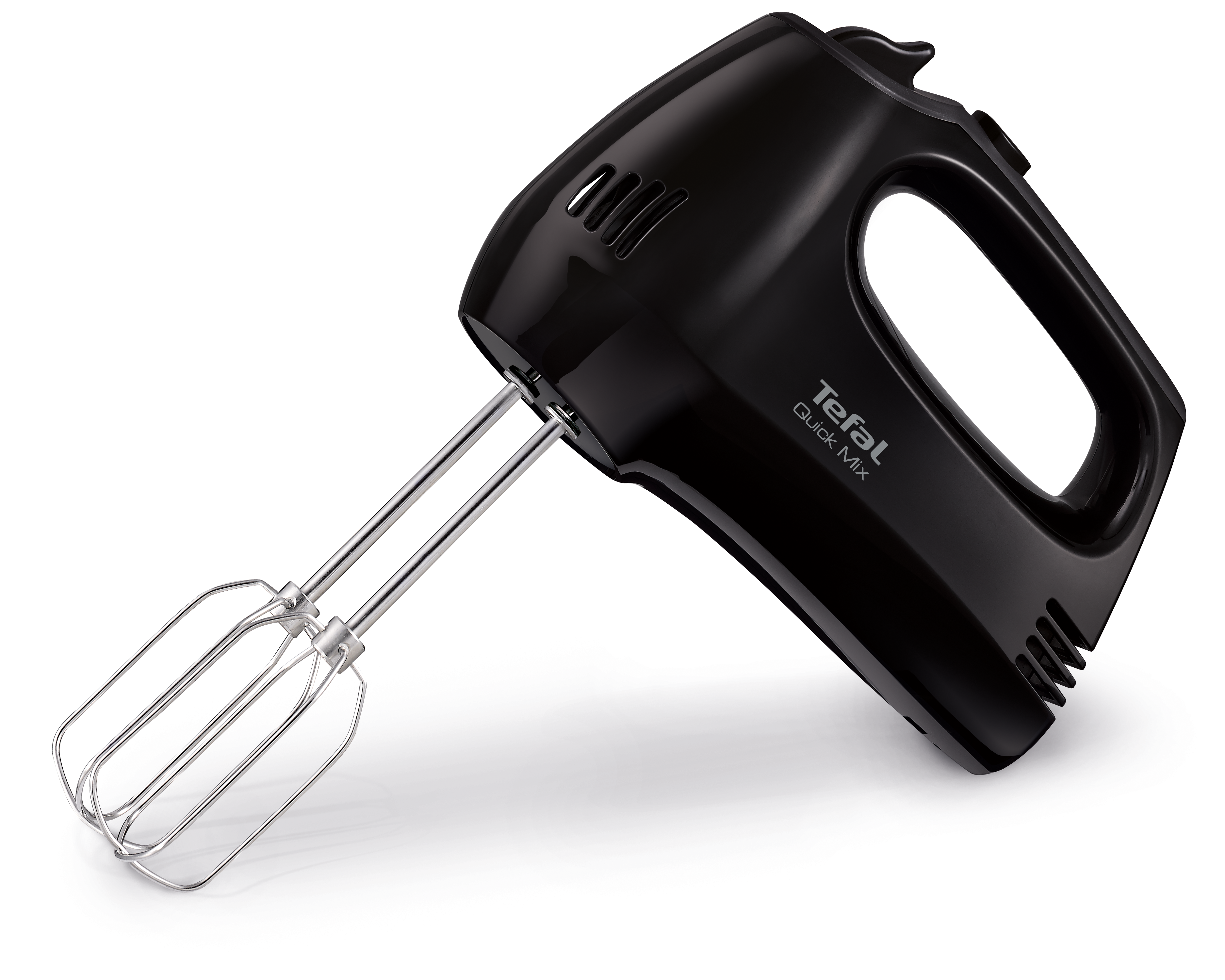 Fekete Tefal kézi mixer fém habverőkkel fehér háttéren.