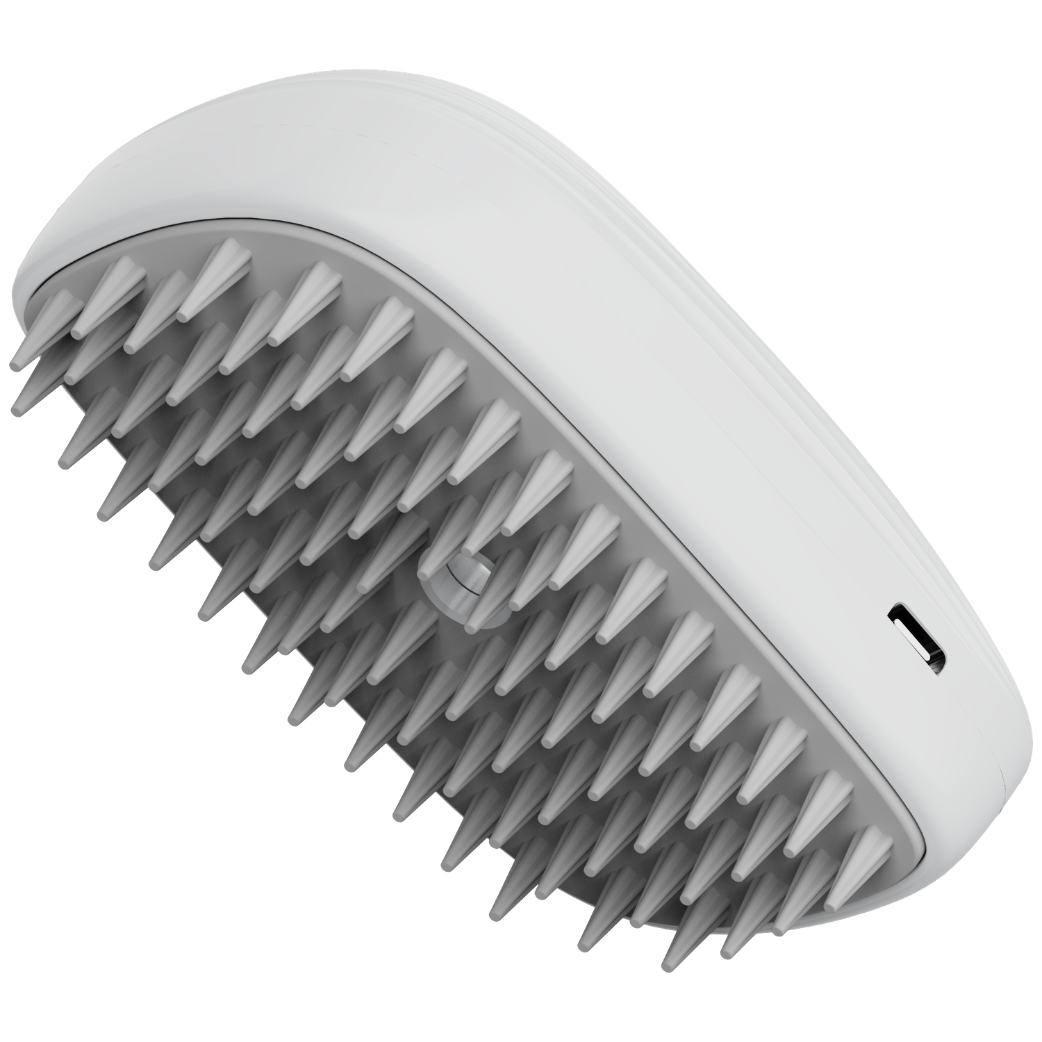 A white massage brush head with grey silicone bristles on a black background.