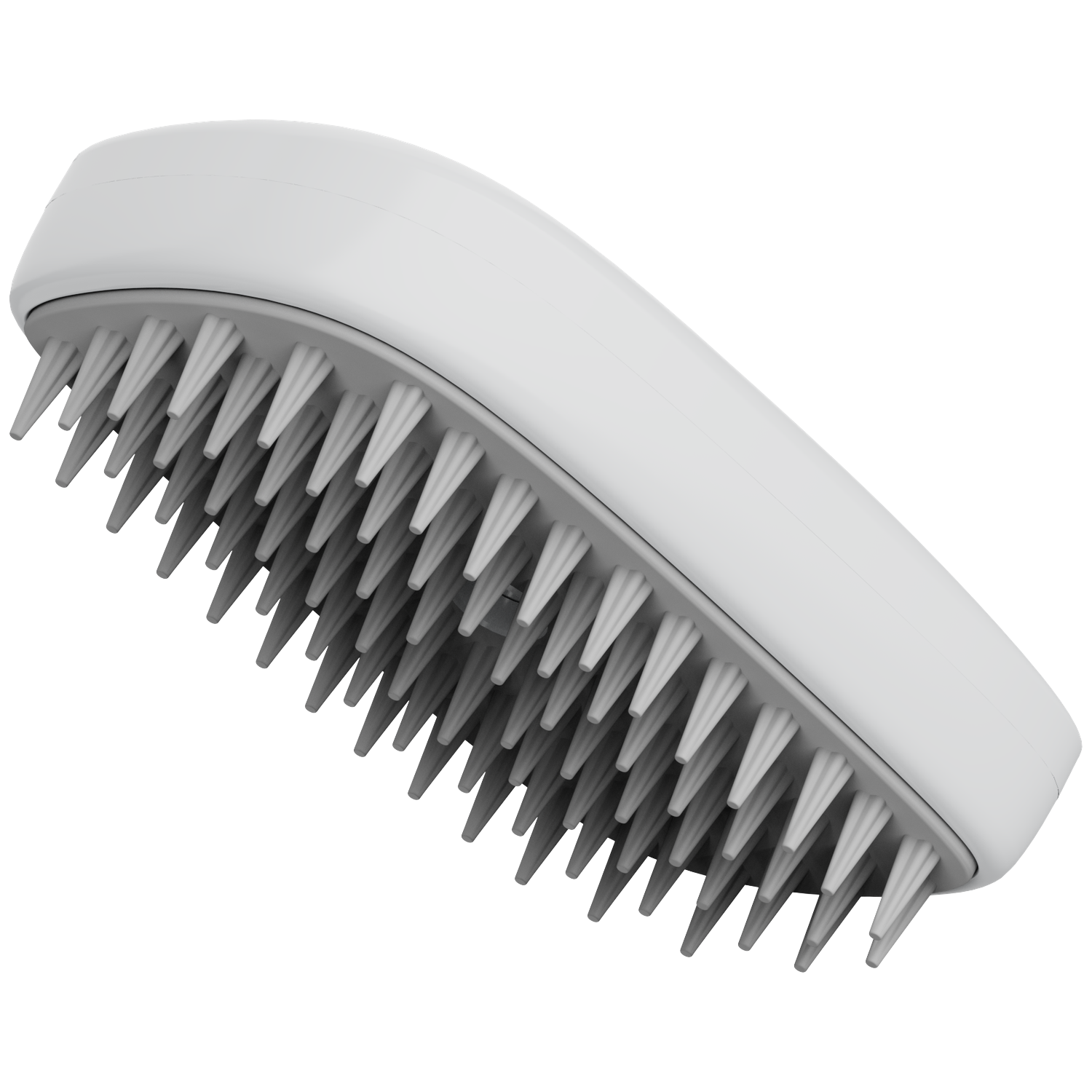 A white silicone scalp massager with rows of short, flexible bristles.