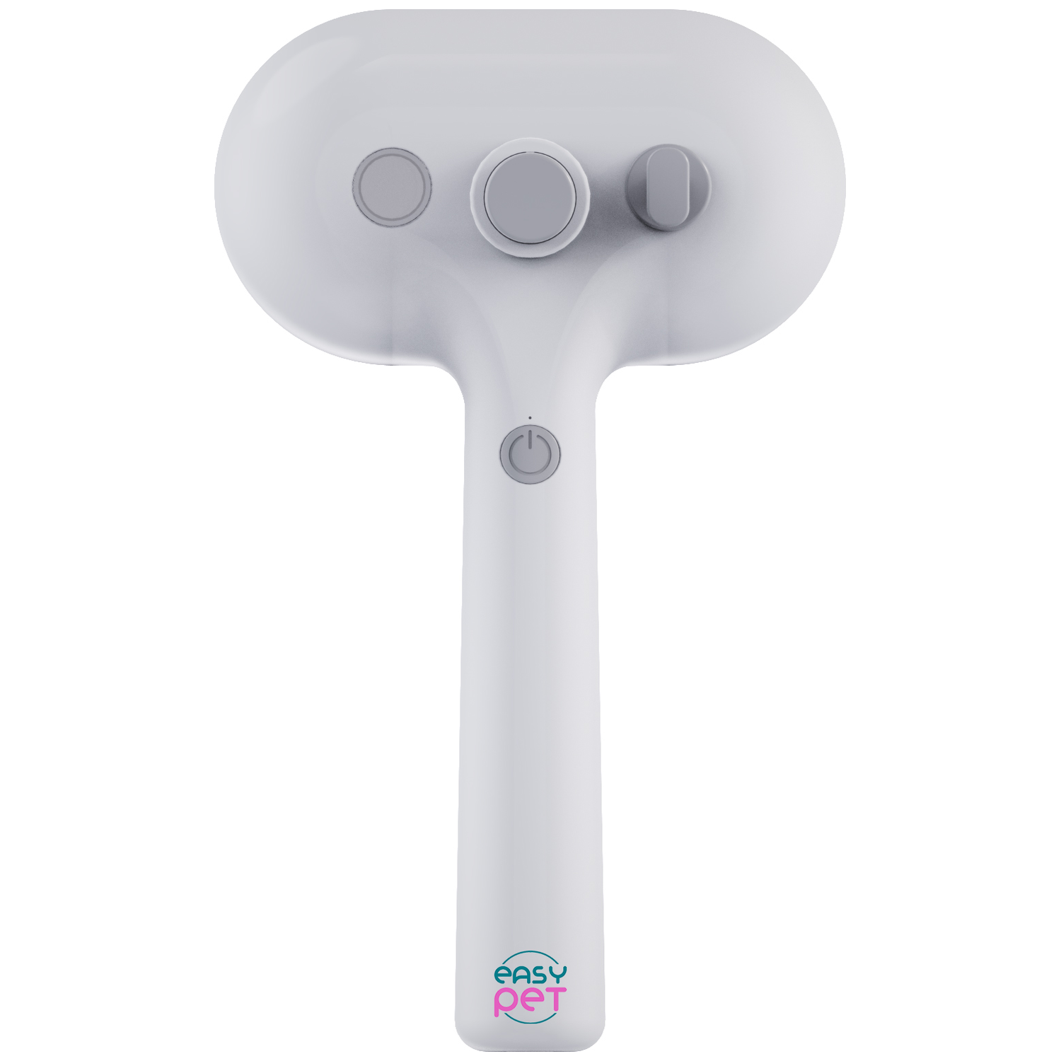 A white handheld steamer with grey buttons and a power symbol.