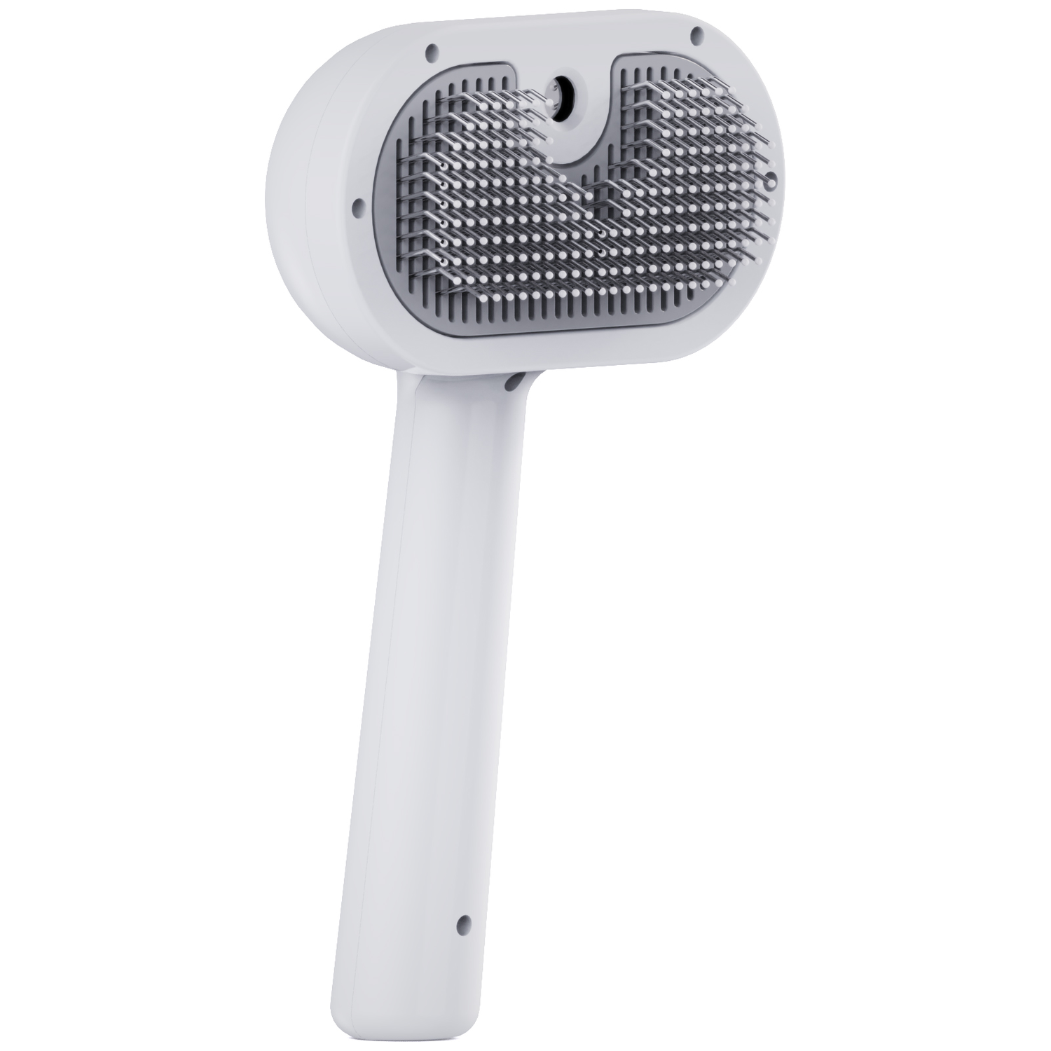A white pet grooming brush with a handle and metal bristles.