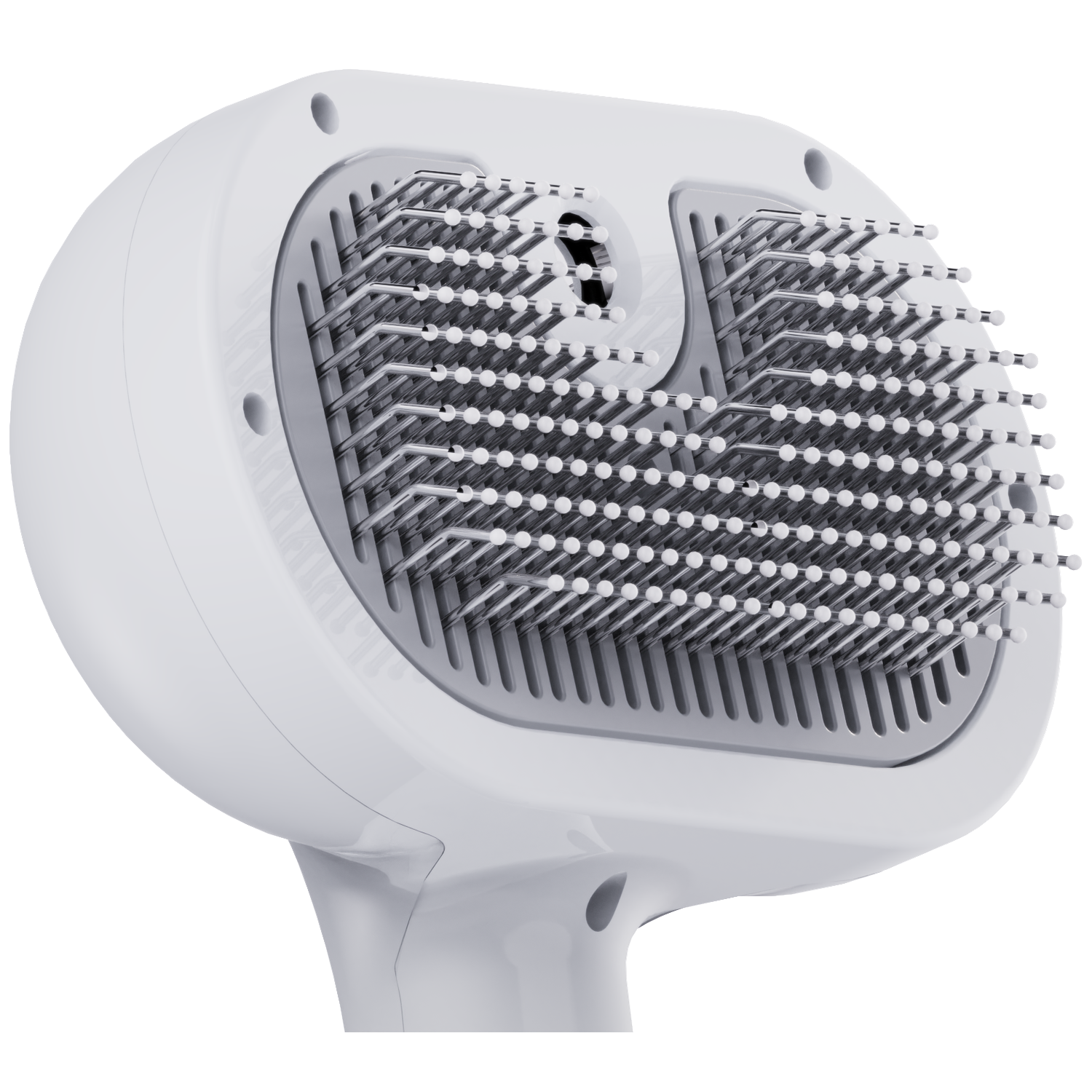 A white pet grooming tool with numerous metal bristles and white tips.