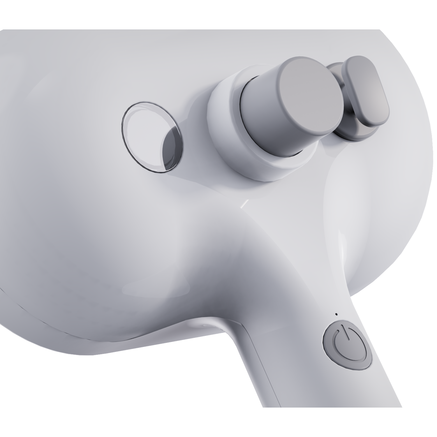 Close-up of a white device with gray controls, including a power button.