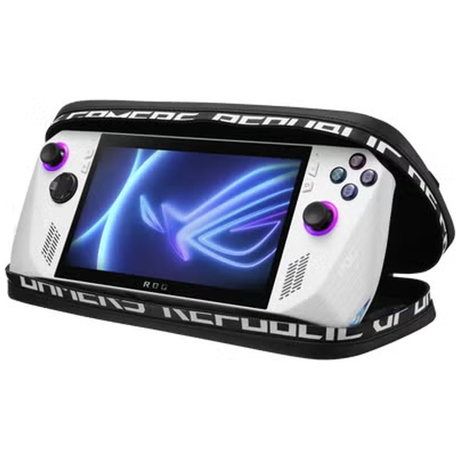Een wit handheld gameapparaat in een zwarte beschermhoes met een blauw-paars patroon.