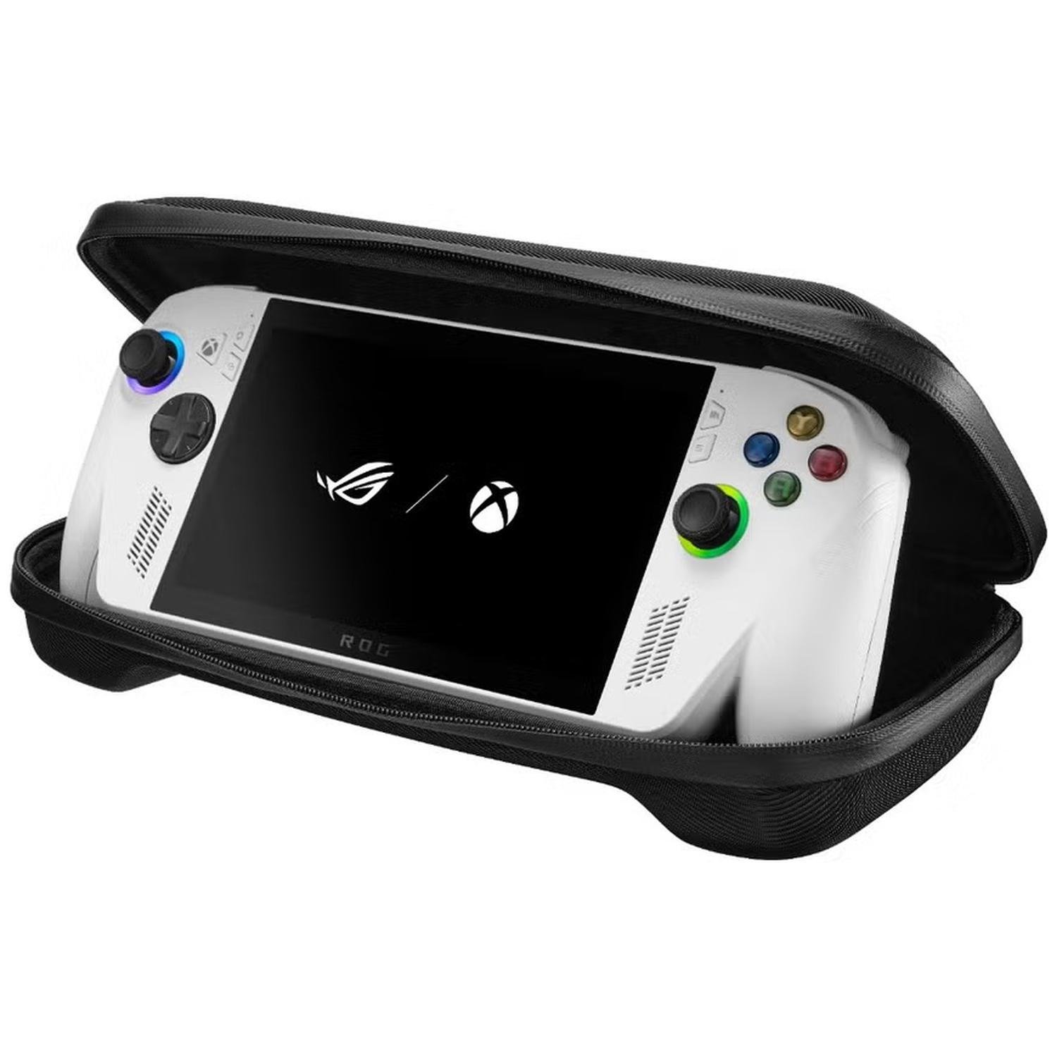 Een wit handheld gameapparaat in een zwarte hoes, met ROG-logo.