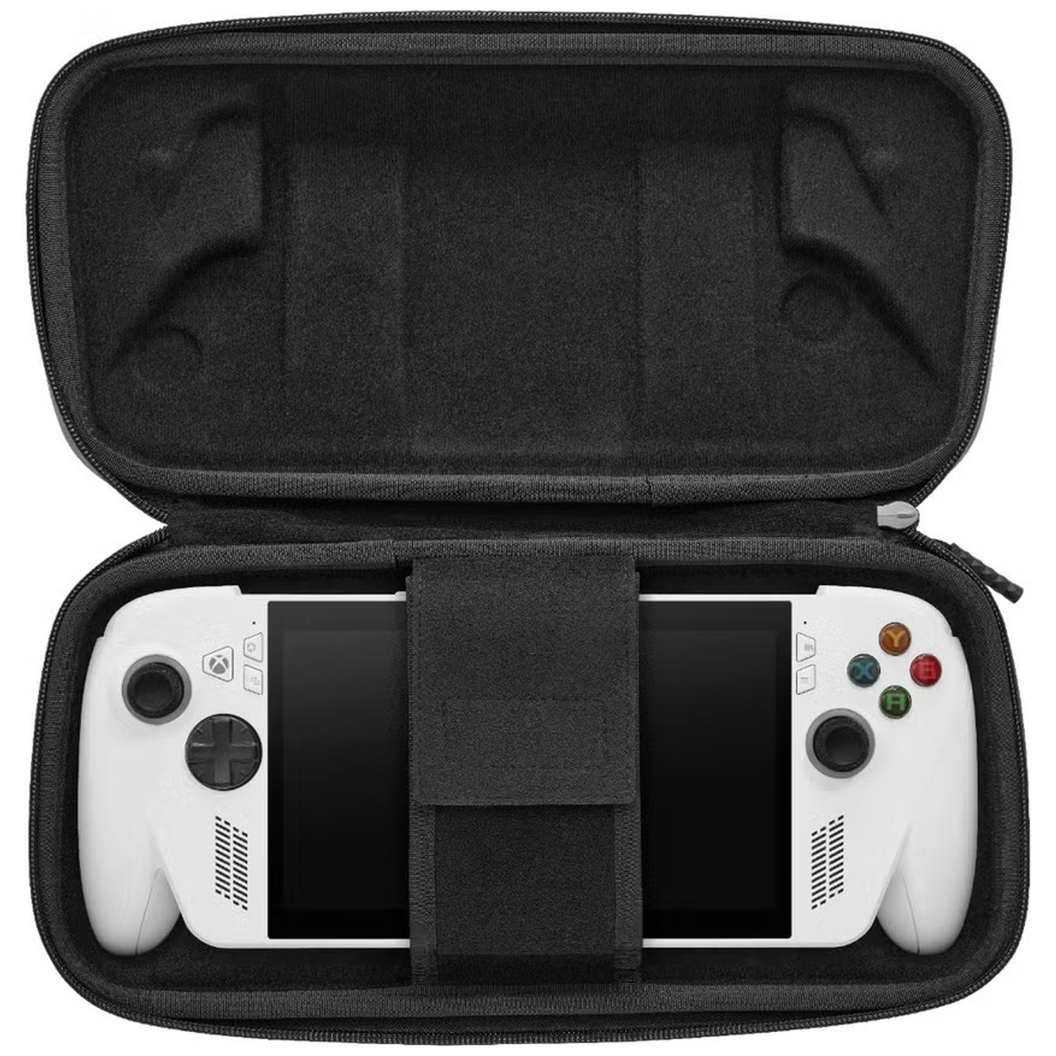 Een witte handheld console ligt in een open zwarte beschermhoes.