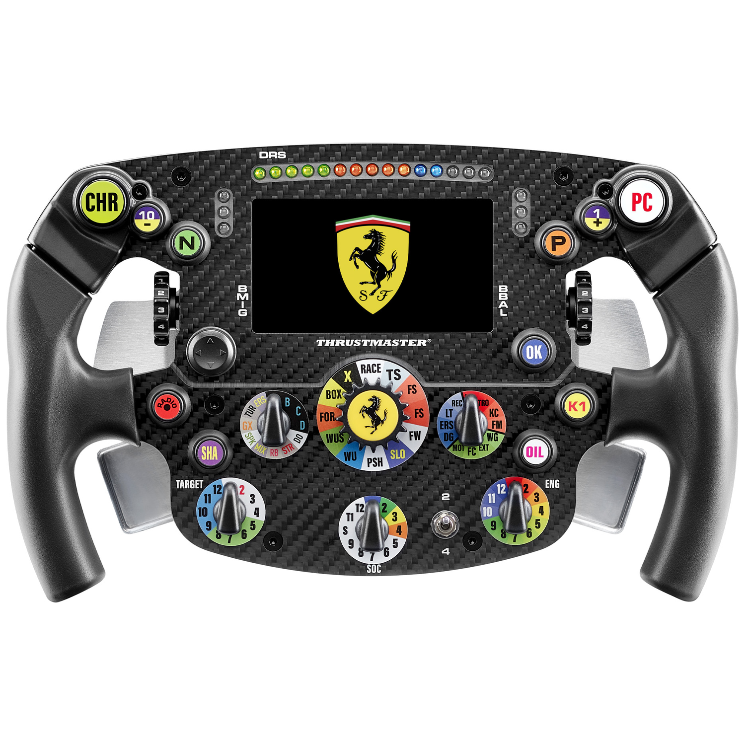 Een zwart racestuur met het Ferrari-logo centraal, omringd door knoppen.