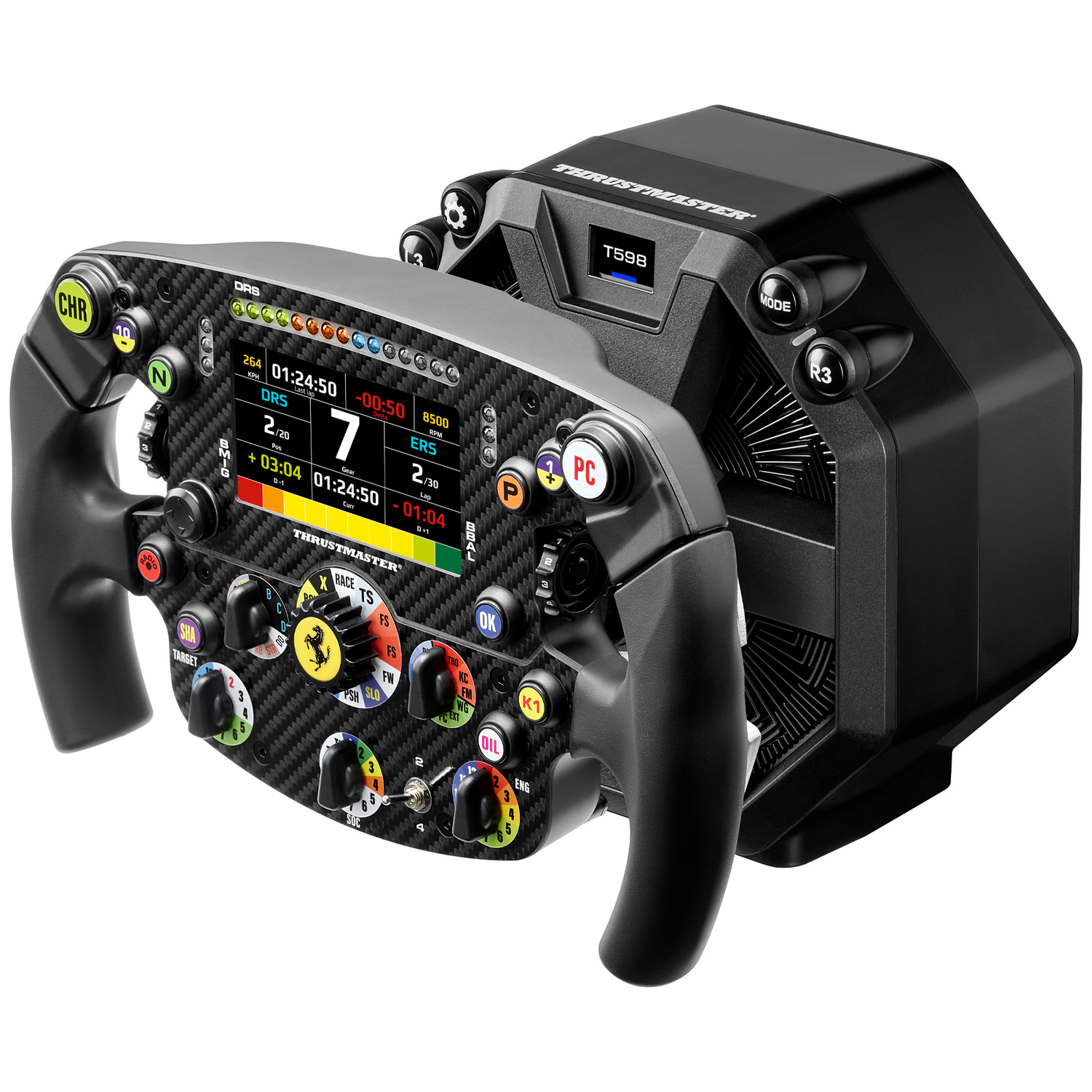 Een zwarte race stuurcontroller met een digitaal display en vele knoppen.